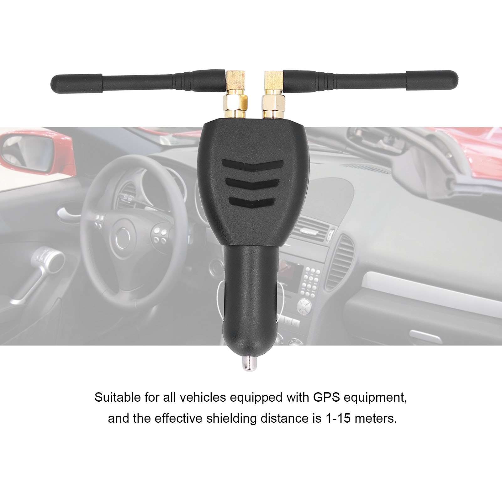 Schwarzer GPS-Signalverstärker mit zwei Antennen, eingesteckt in einen Zigarettenanzünder im Auto.