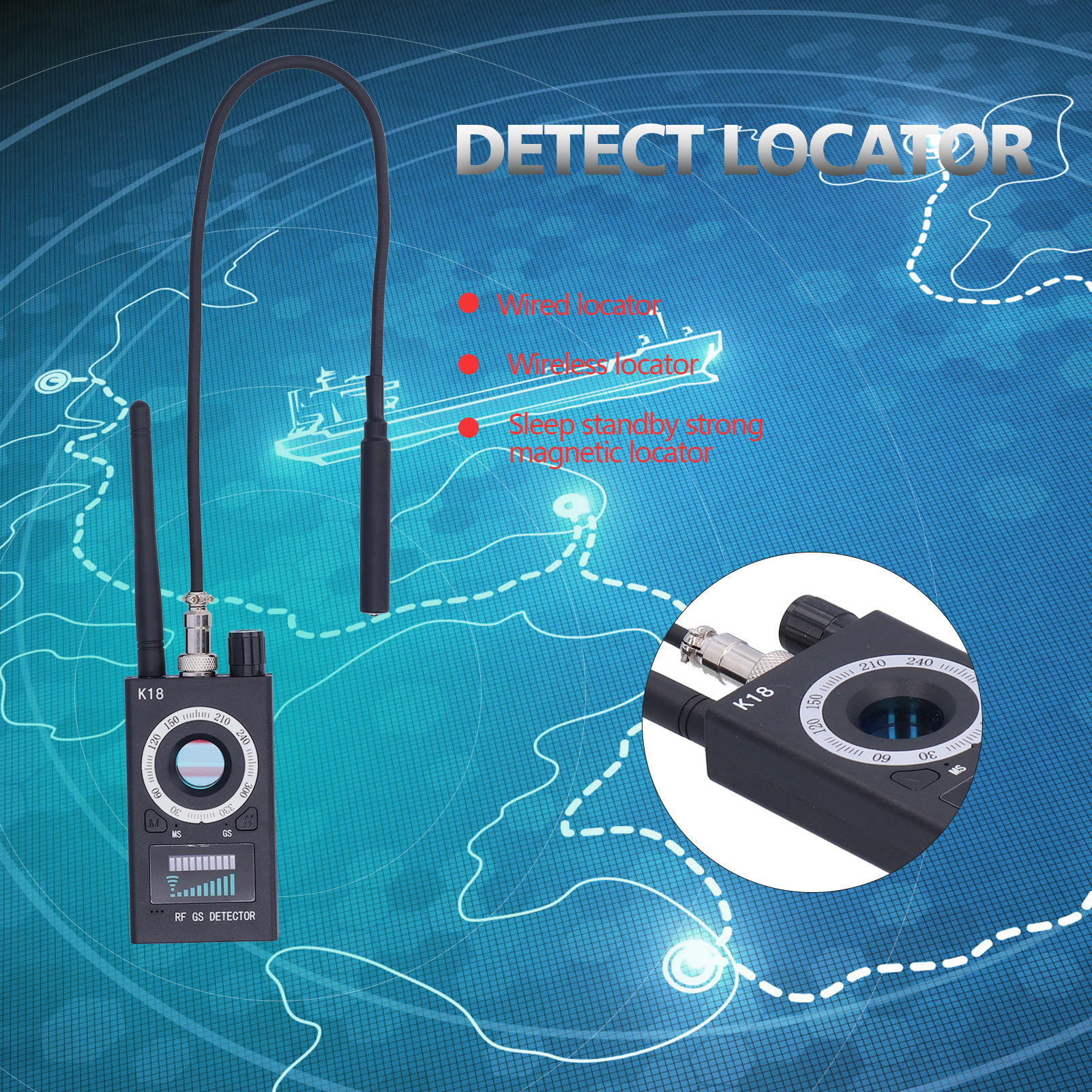 Ein schwarzer HF-Detektor mit Antennen und detaillierten Diagrammen, die das Gerät mit Textbeschriftungen zeigen.