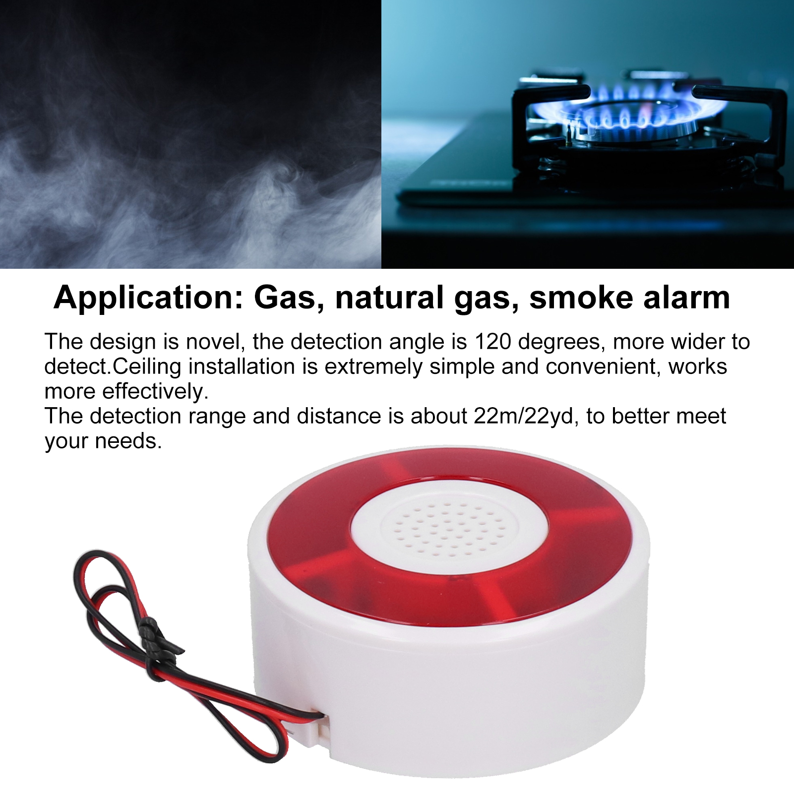 Weißer und roter Rauchmelder mit Text zur Gas- und Raucherkennung.
