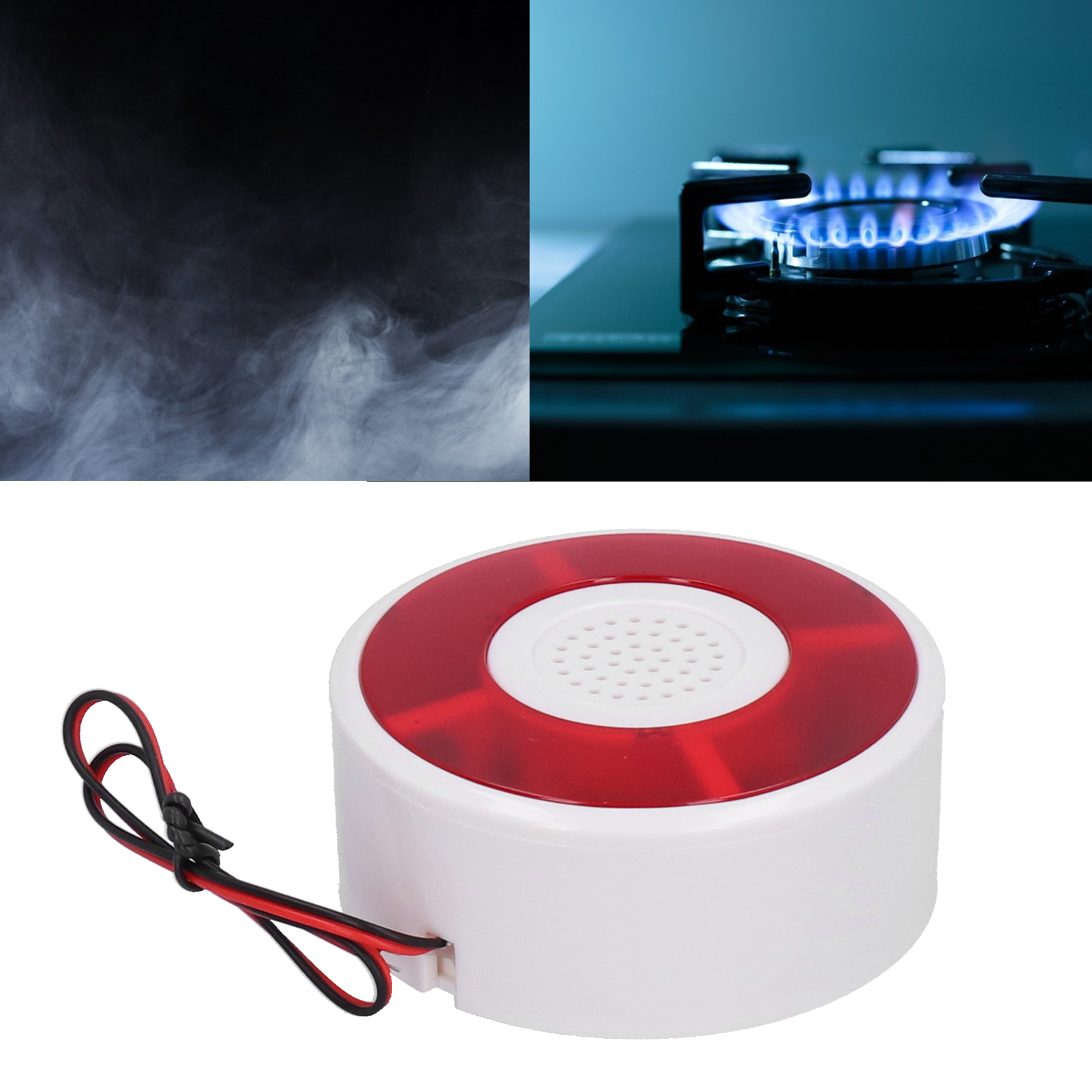 Rauch, ein Gasherd mit blauen Flammen und ein rot-weißer Alarm. Szenen potenzieller Gefahr.