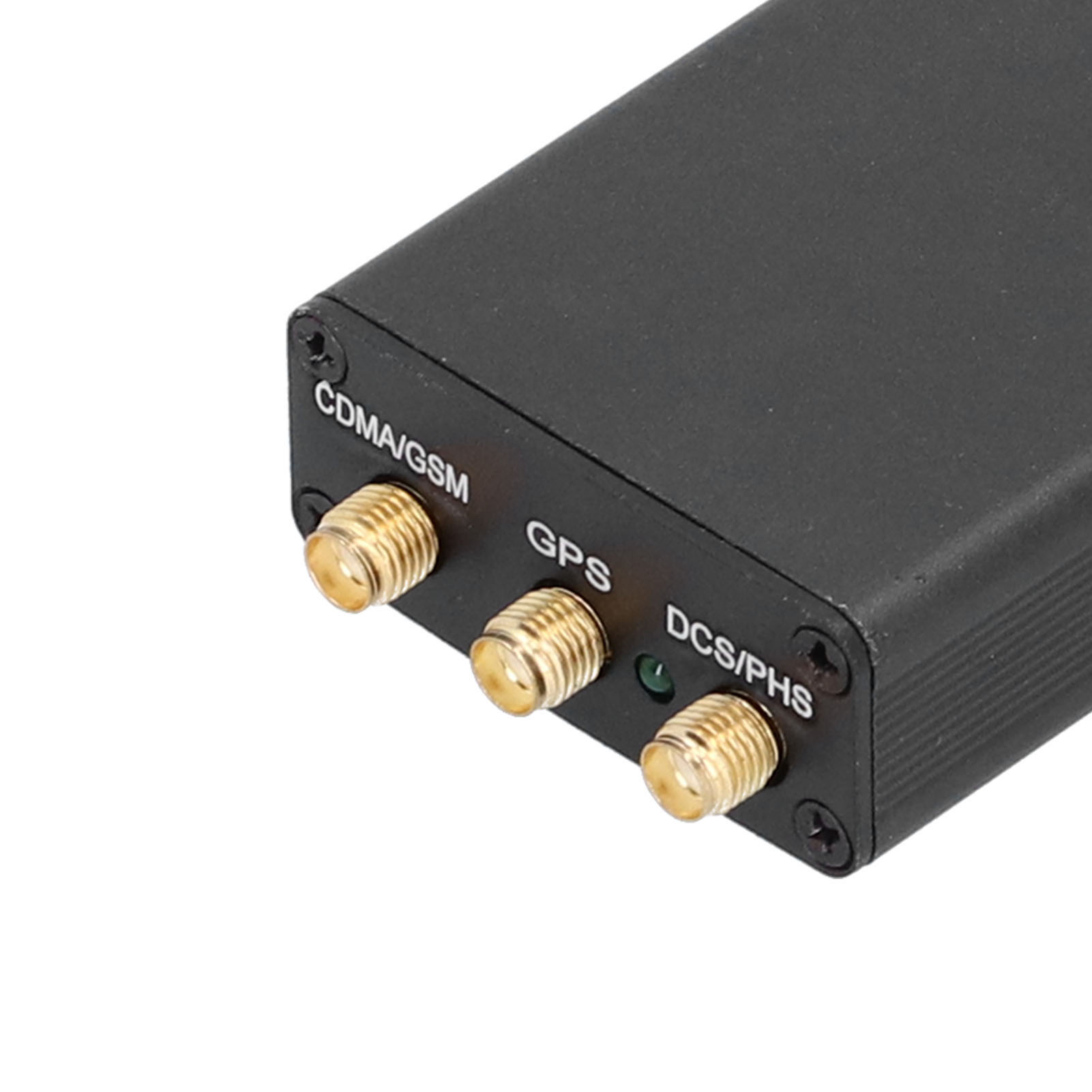 Schwarze elektronische Komponente mit drei goldfarbenen Steckern. Der Text CDMA/GSM, GPS, DCS/PHS ist sichtbar.