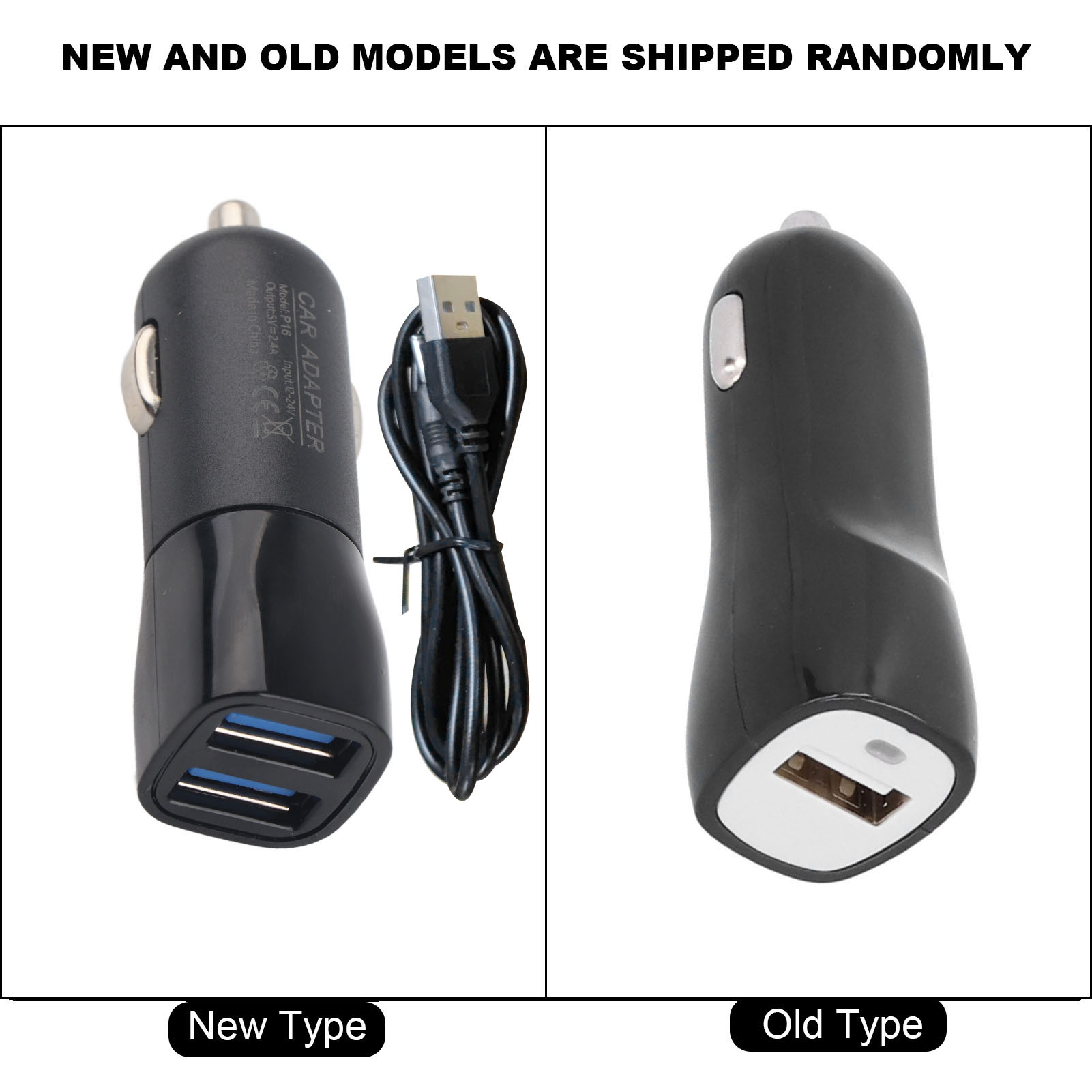 Zwei schwarze Autoladegeräte. Eines mit 'New Type', das andere 'Old Type', mit USB-Kabel.