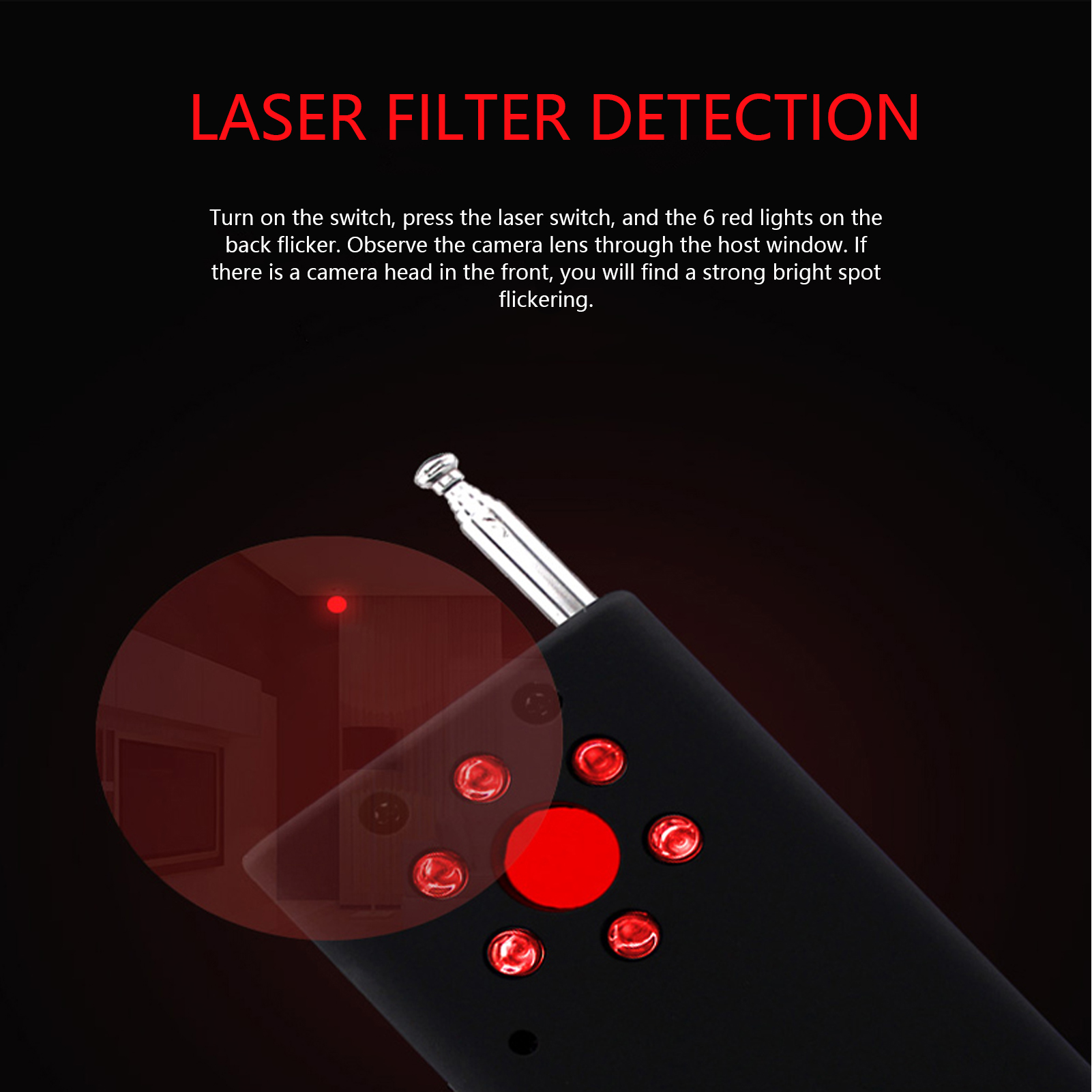 Schwarzes Gerät mit roten Lichtern. Text: Laserfiltererkennung. Anweisungen zur Verwendung des Geräts.