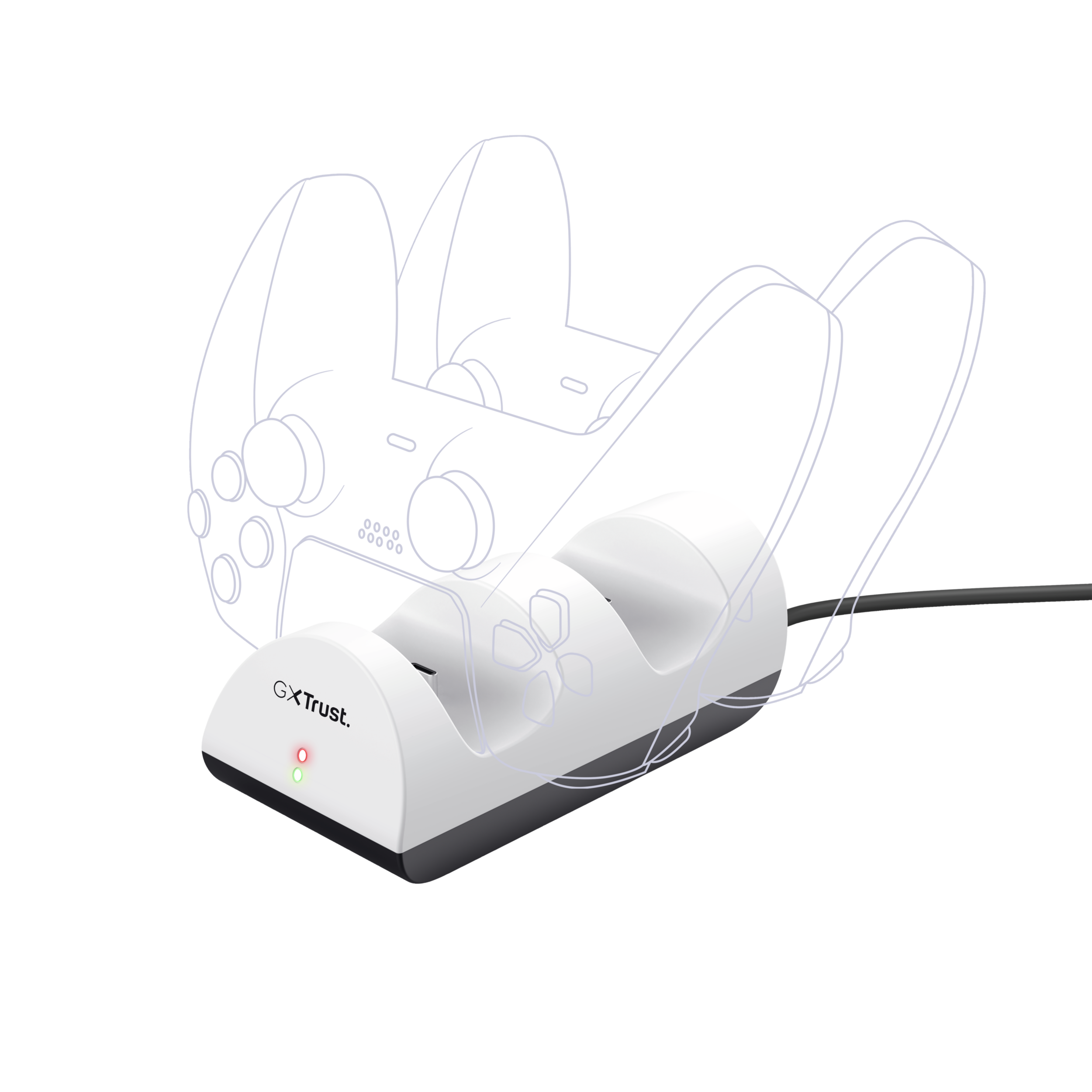 White charging station with a controller outline. The logo is on the left. A controller is in the background.
