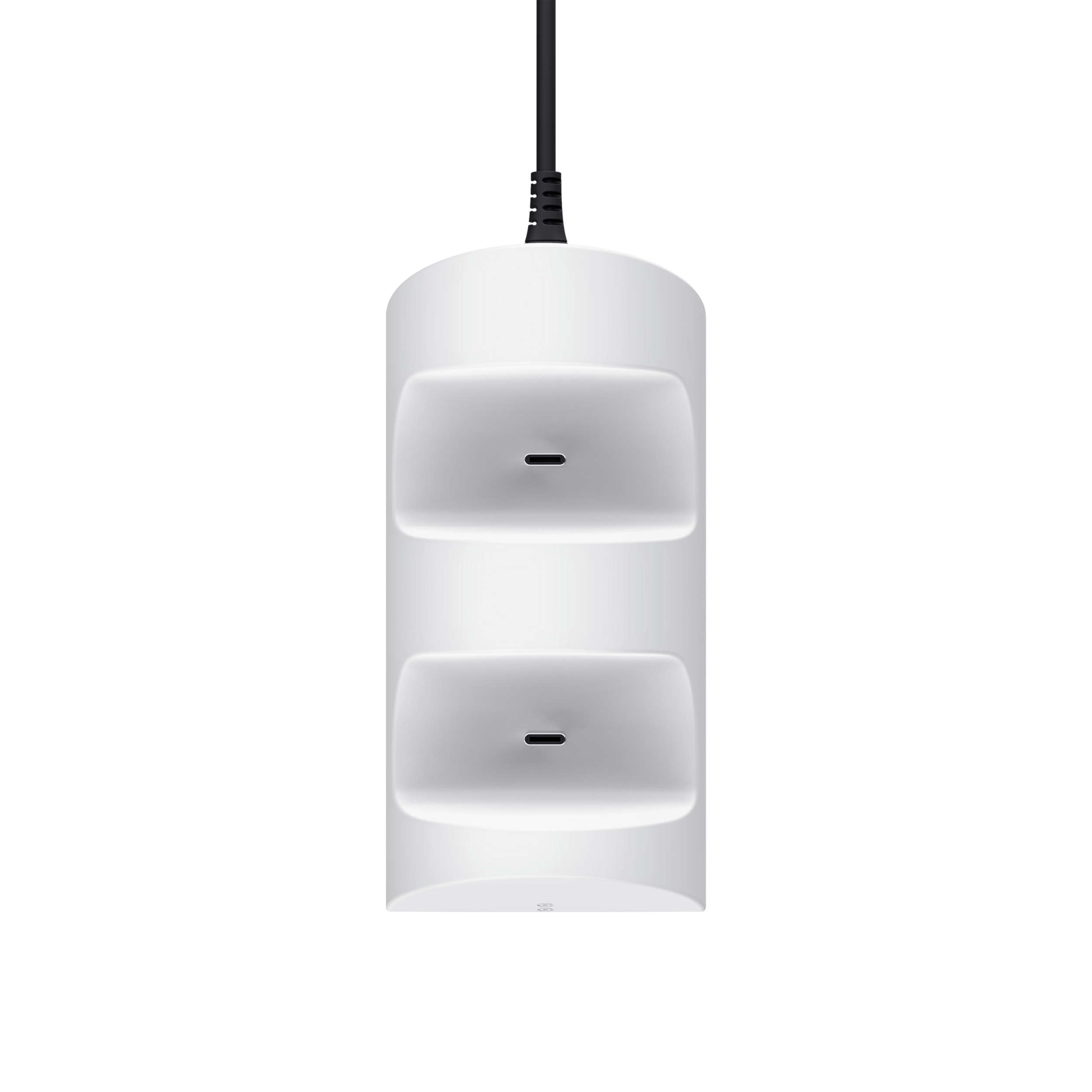 White charging station with two charging slots and a black cable. The background is black.