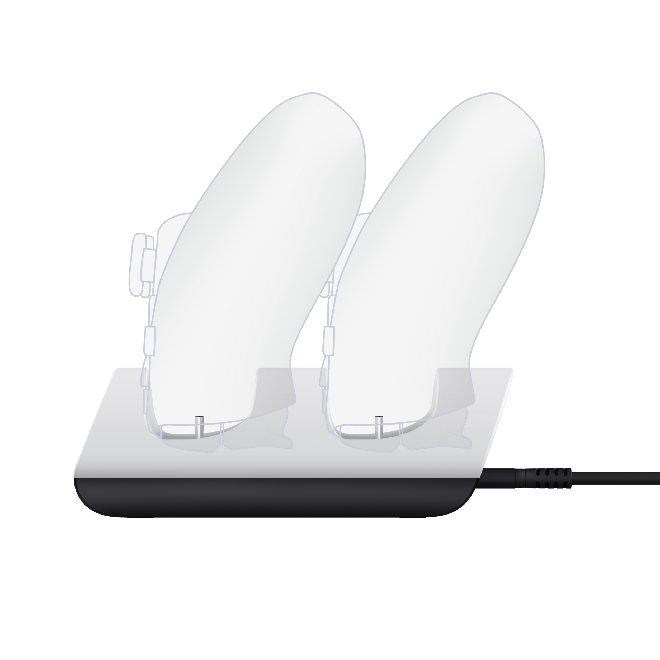 A white Wii remote charging station with two remotes. A black charging cable is attached.