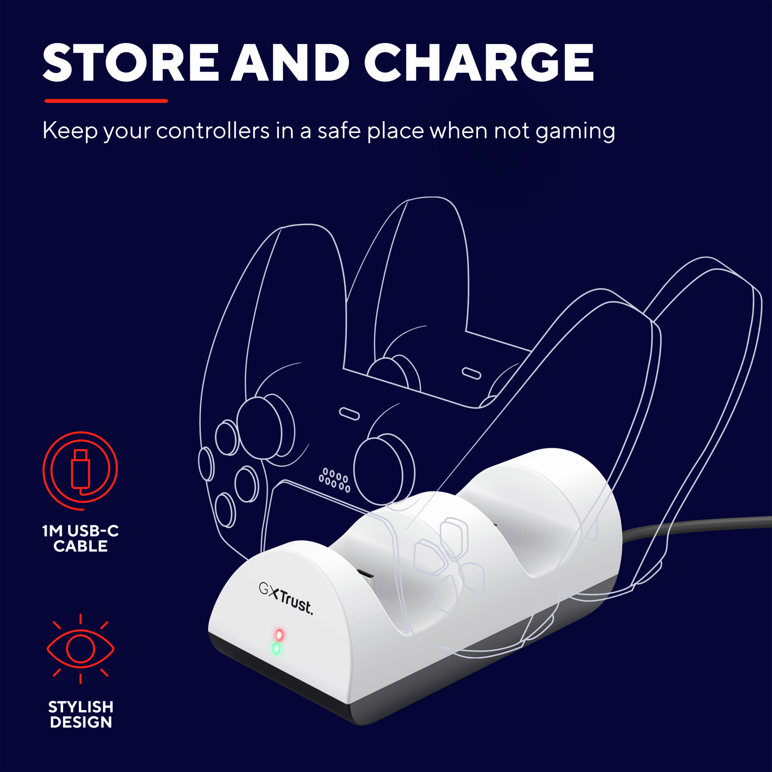 White charging station for game controllers, with USB-C cable. Text: STORE AND CHARGE.