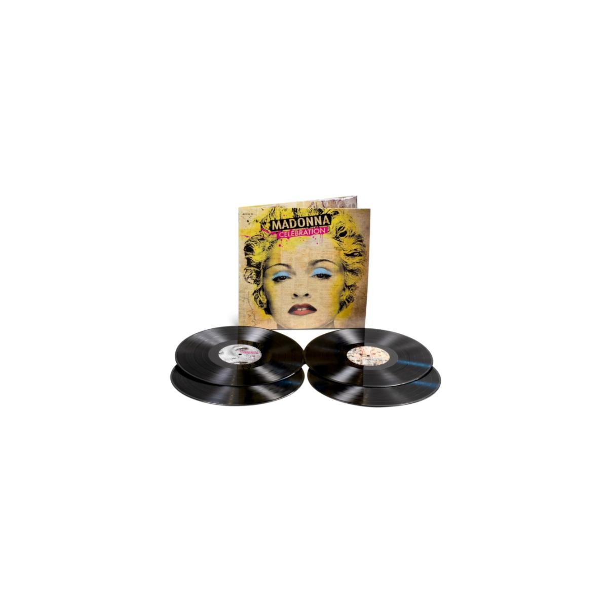 La copertina dell'album Madonna Celebration e quattro dischi in vinile neri su sfondo bianco.