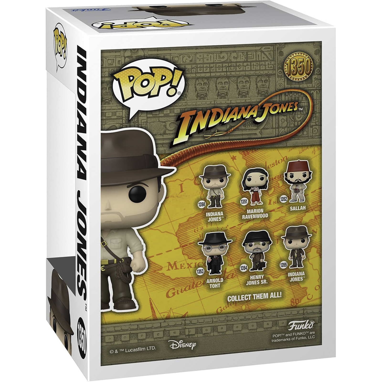 Pudełko Funko Pop Indiana Jones. Pudełko przedstawia figurkę Indiany Jonesa. Posiada logo Funko Pop i Disney.