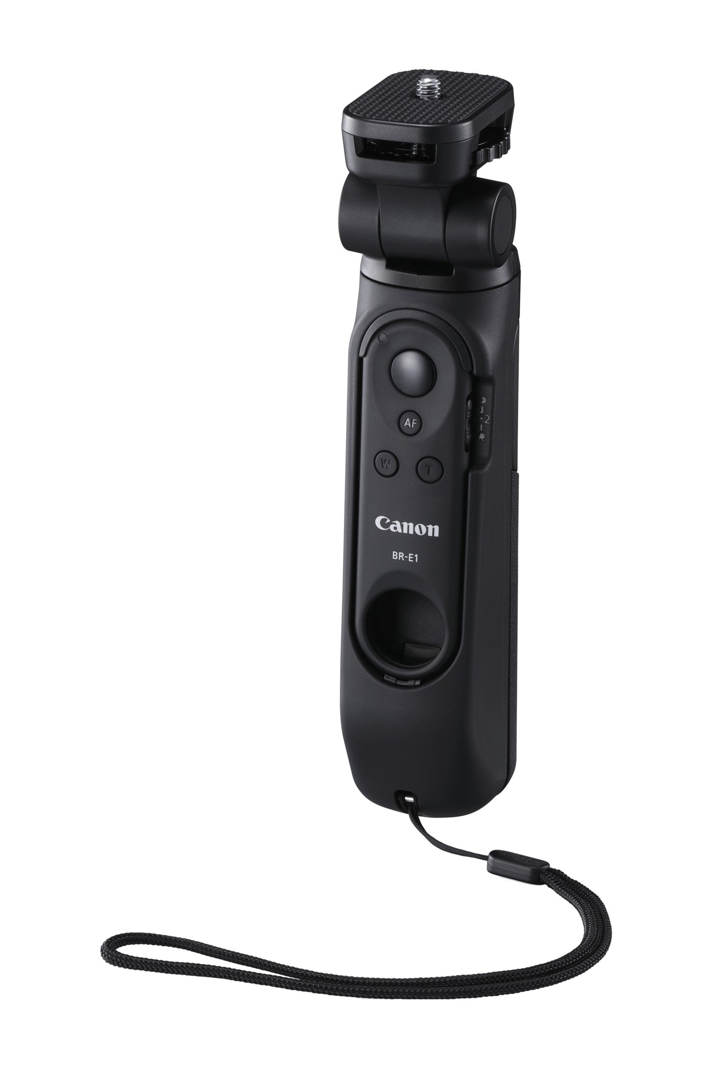 Un mando a distancia Canon BR-E1 negro con correa de muñeca, botones y un soporte.