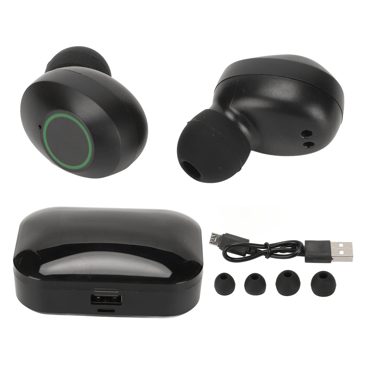 Schwarze kabellose Ohrhörer und Ladeetui mit USB-Kabel und Ohrstöpseln. Weißer Hintergrund.