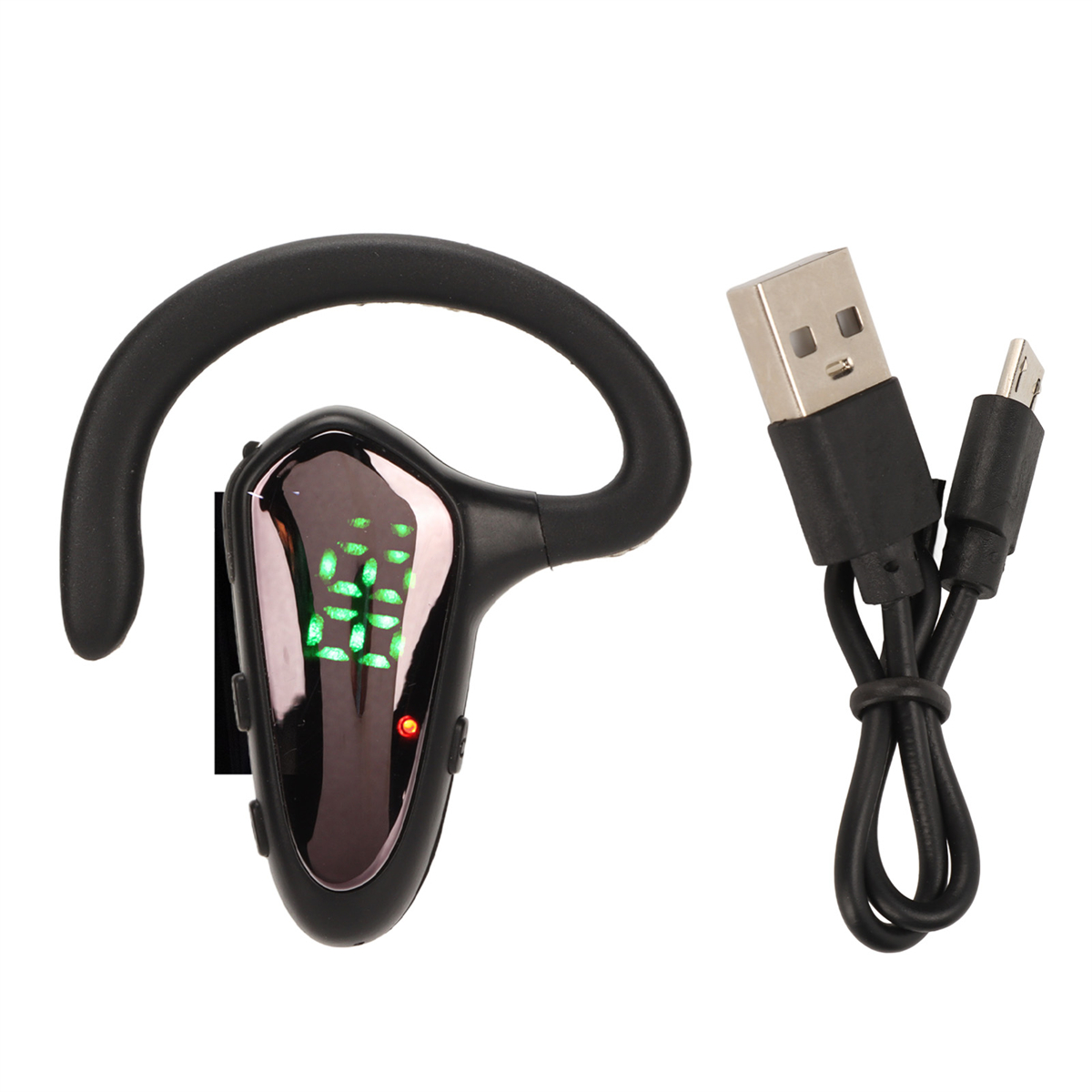Schwarzer Kopfhörer mit USB-Ladegerät. Der Kopfhörer hat ein Display und ein USB-Kabel.