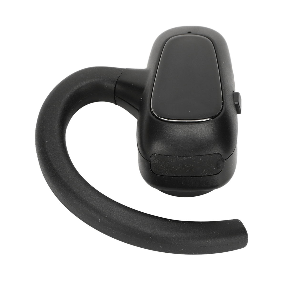 Schwarzes Bluetooth-Headset mit gebogenem Ohrbügel, abgewinkelt.