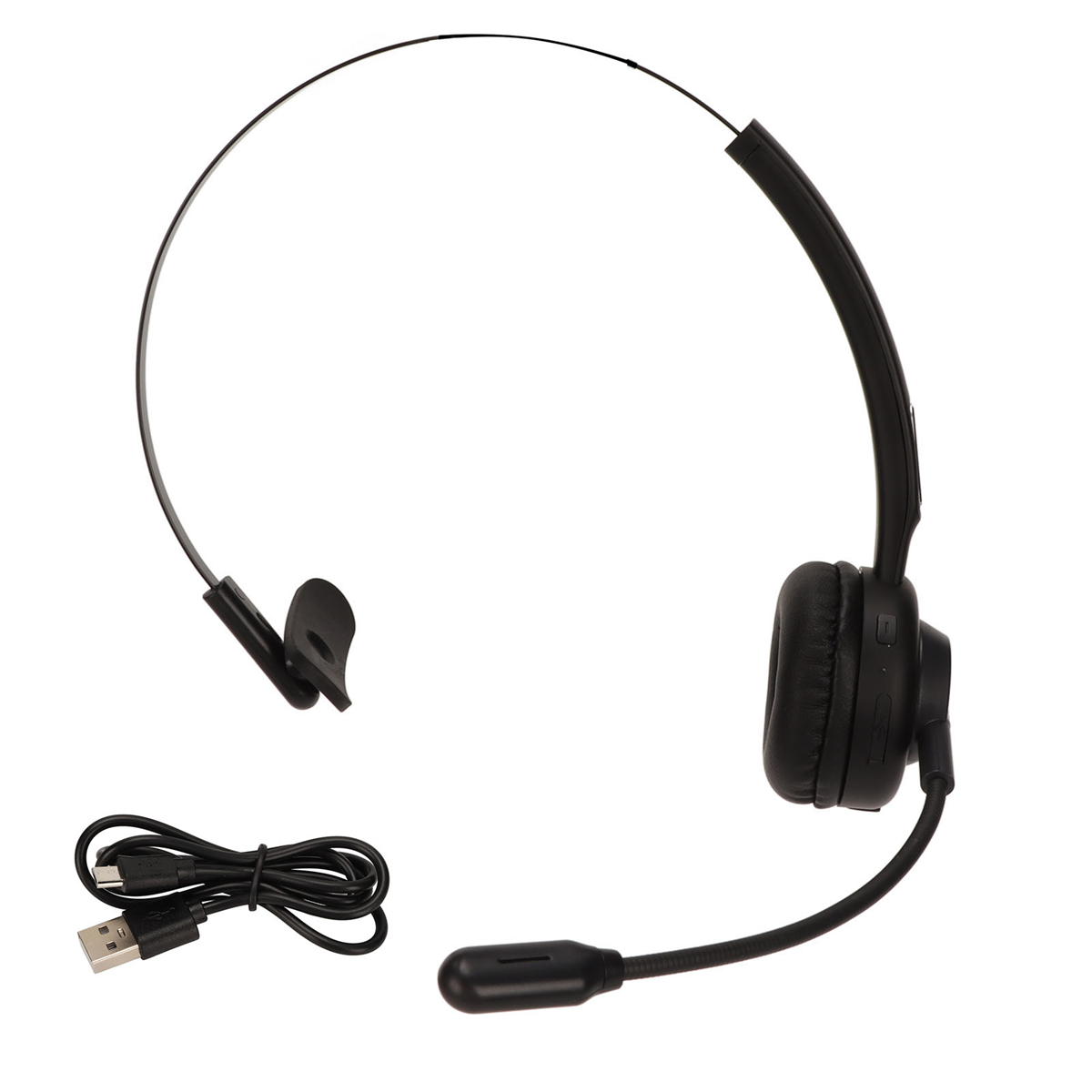 Kabelloses Headset mit Mikrofon und USB-Ladekabel.