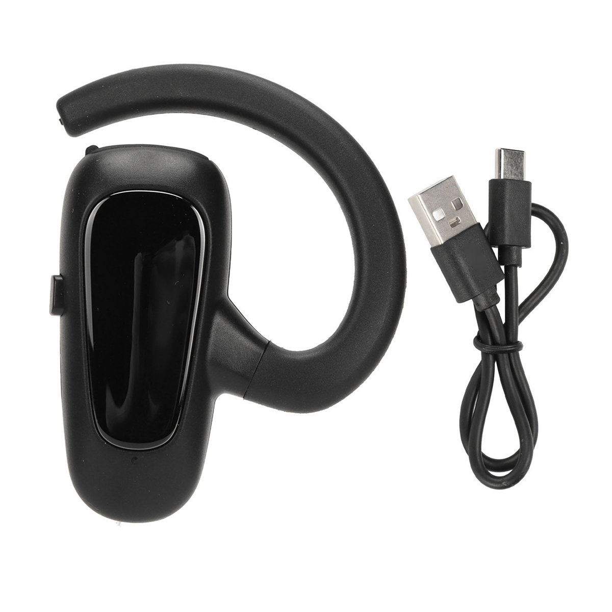 Ein schwarzer Kopfhörer mit gebogenem Ohrhaken und einem USB-Ladekabel.