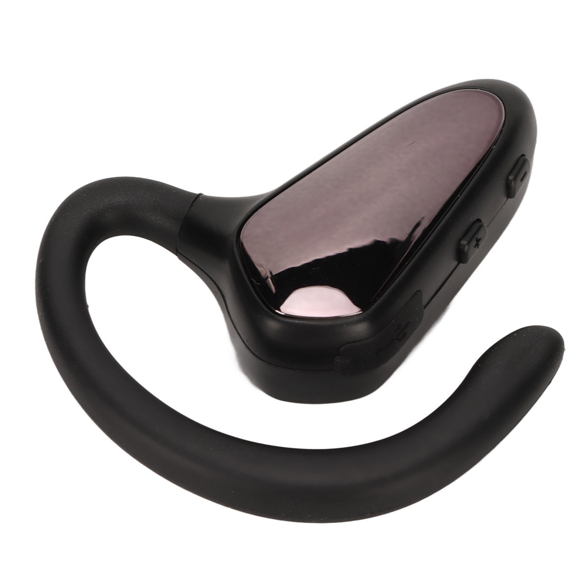Ein schwarzes drahtloses Headset. Es hat ein gebogenes Design und Knöpfe.