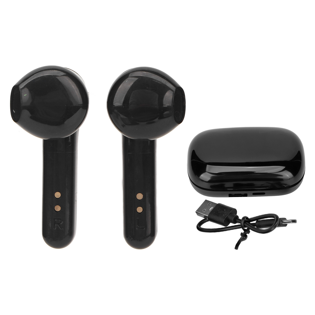 Zwei schwarze Ohrhörer mit Ladecase und USB-Kabel.