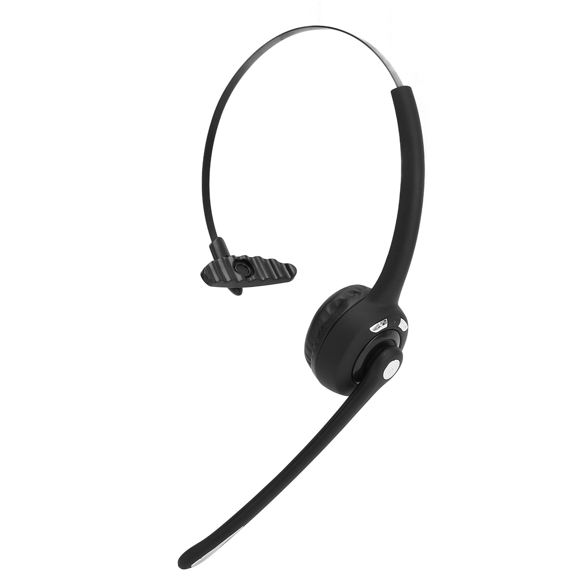 Ein schwarzes Headset mit Mikrofon. Das Headset ist auf weißem Hintergrund.