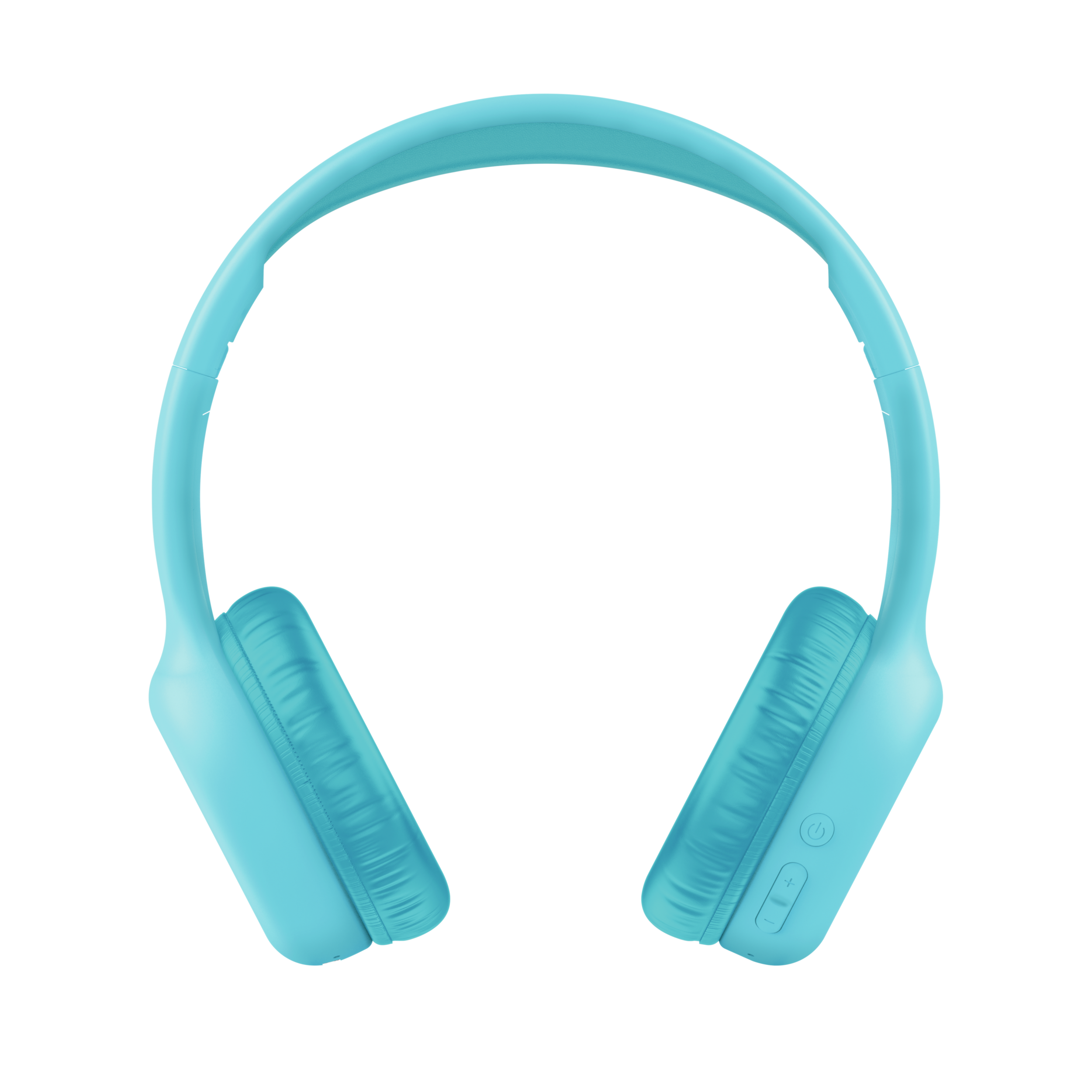 Niebieskie słuchawki z pałąkiem i nausznikami na czarnym tle.