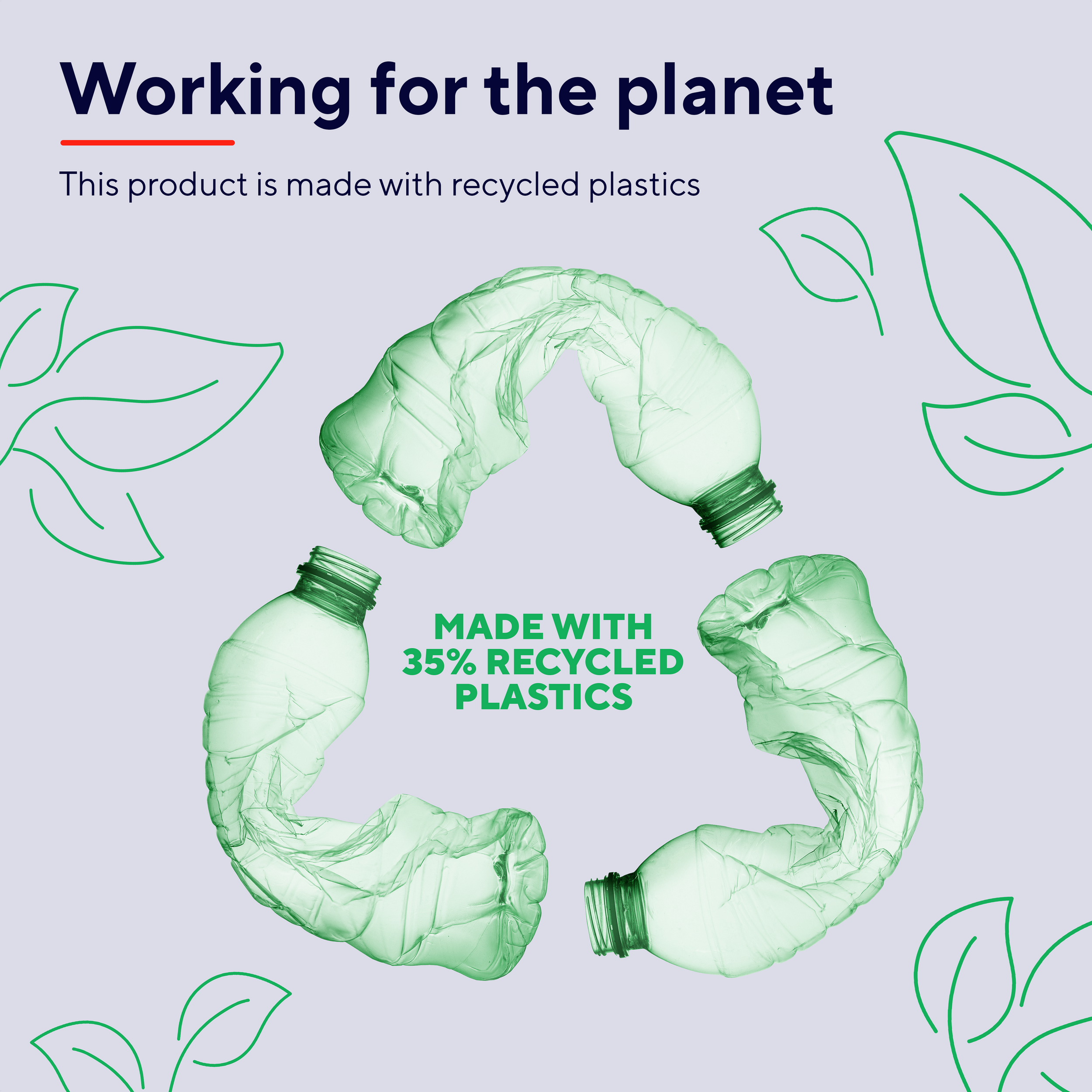 Obraz z tekstem: Praca dla planety, wykonany w 35% z tworzyw sztucznych z recyklingu. Trzy plastikowe butelki tworzą symbol recyklingu.