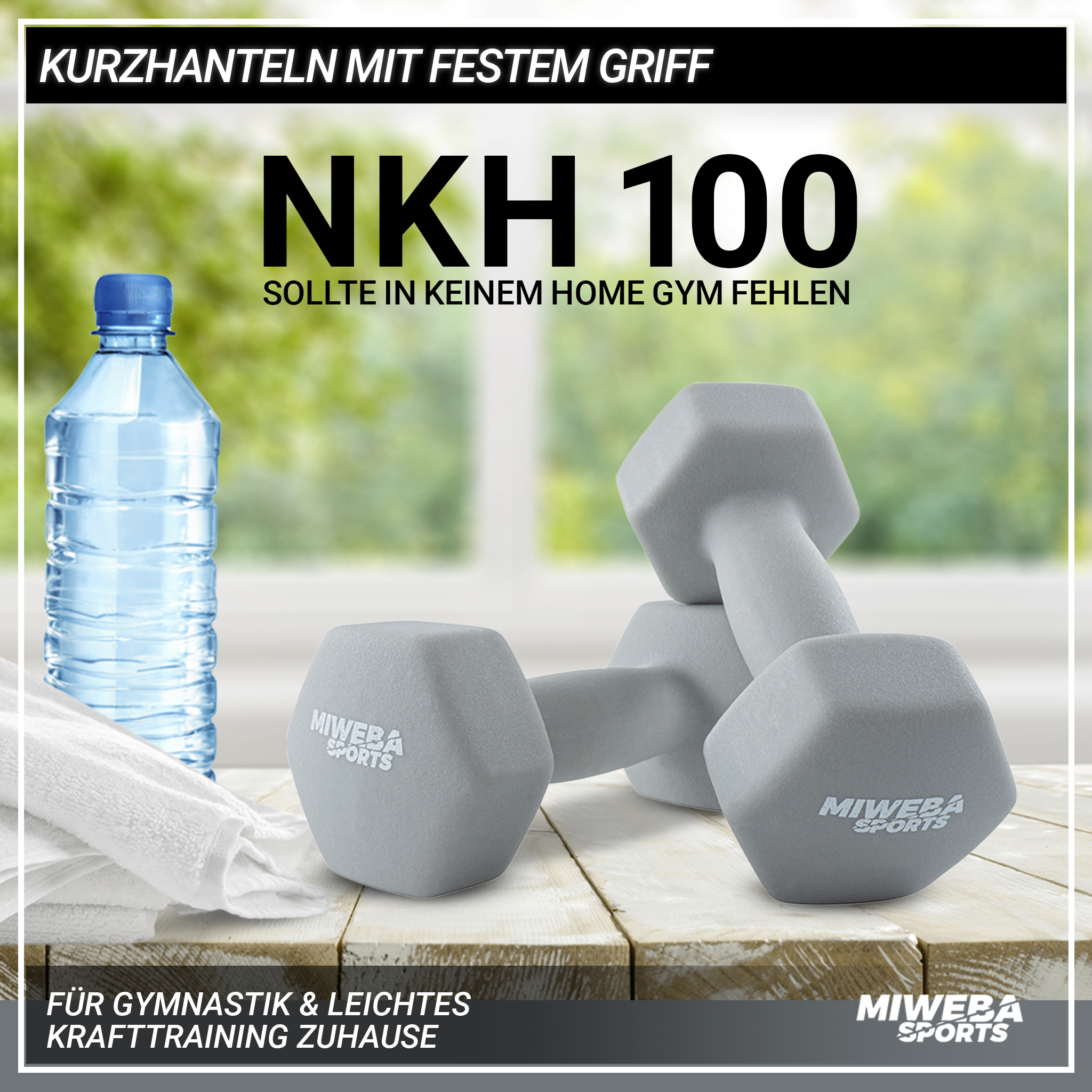 Zwei graue Kurzhanteln, eine Wasserflasche und ein weißes Handtuch, alles auf gelb-grünem Hintergrund.