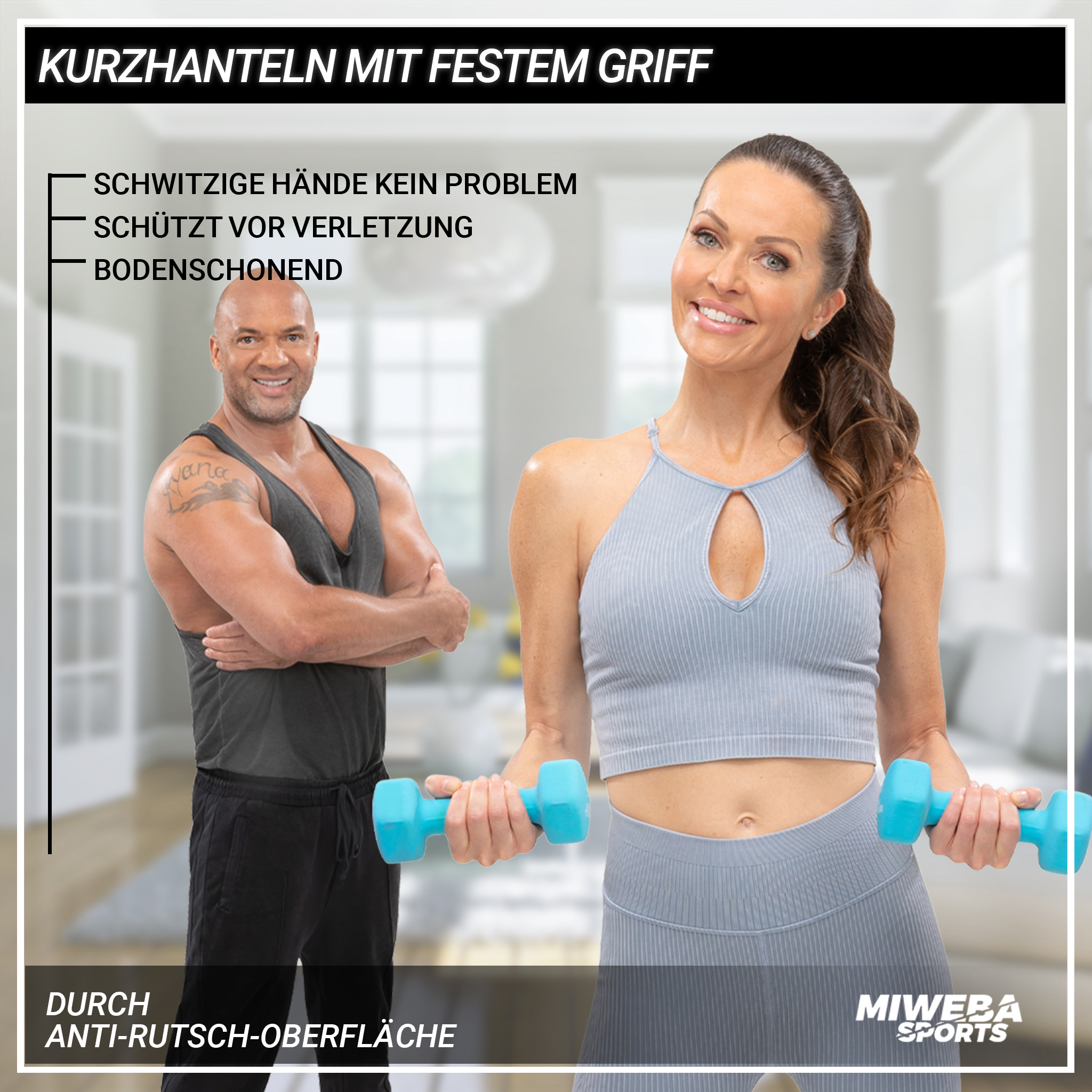 Ein Mann und eine Frau halten blaue Kurzhanteln, Text auf Deutsch.