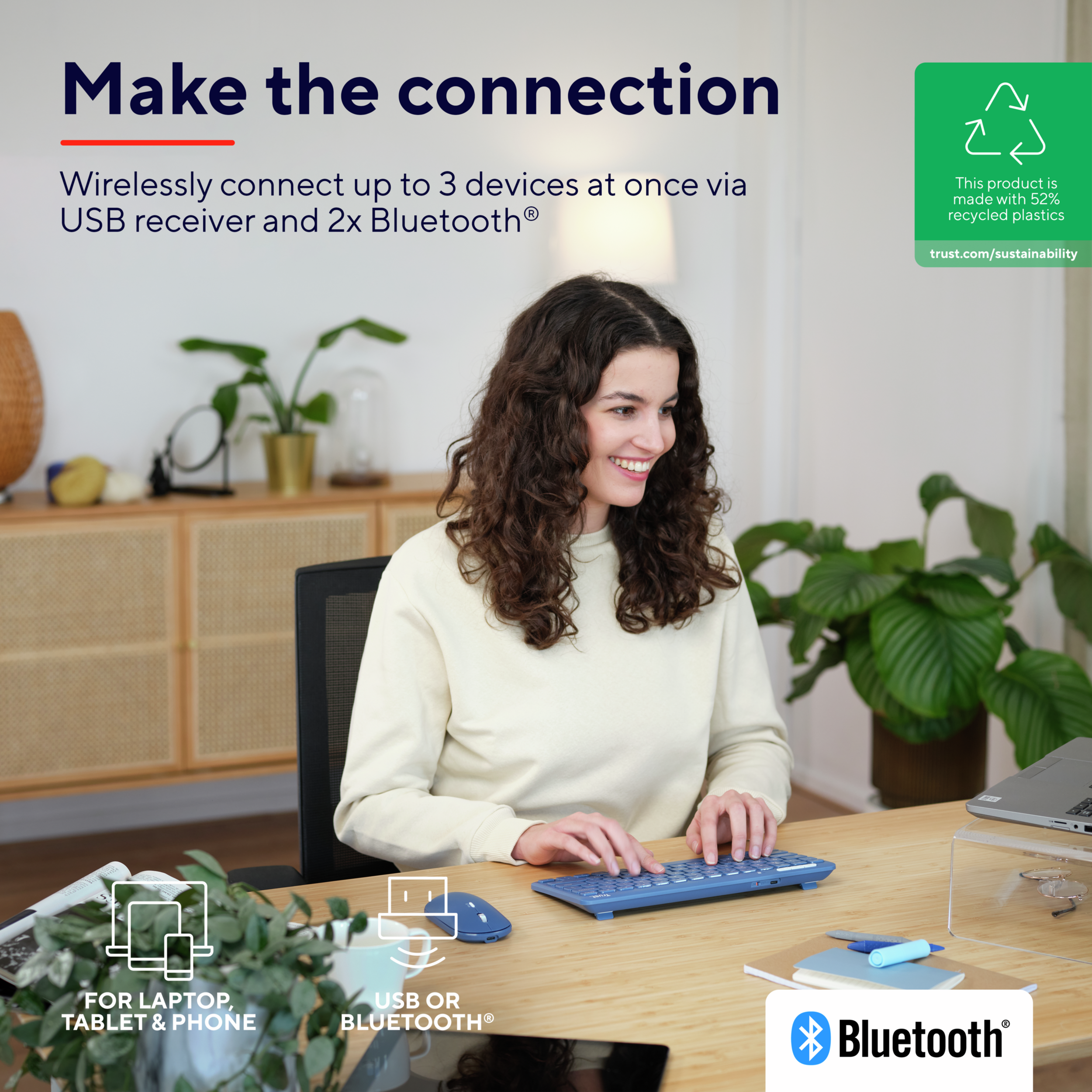 Kobieta używa niebieskiej klawiatury i myszy. Tekst mówi 'Make the connection' i o połączeniu bezprzewodowym.