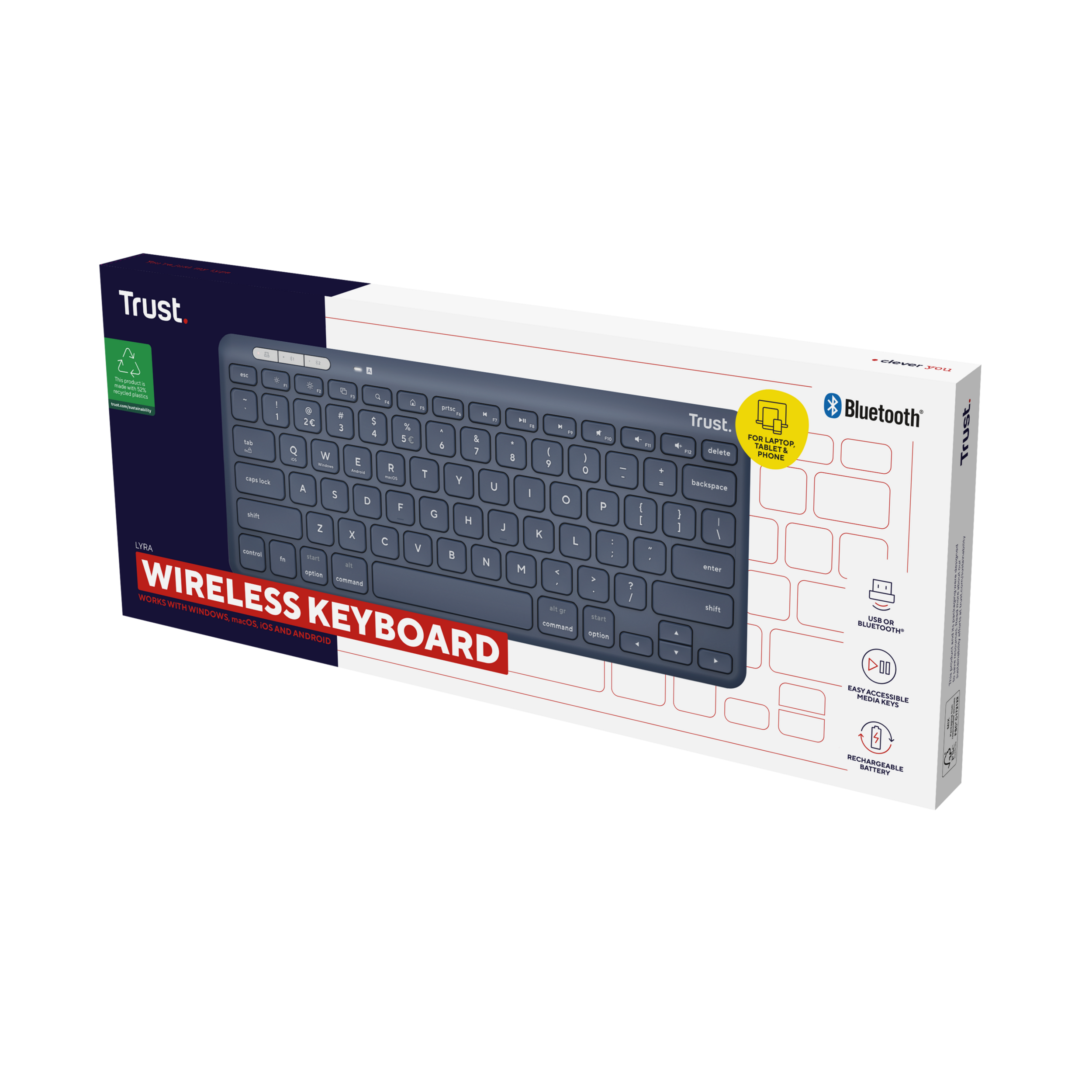 Klawiatura bezprzewodowa w pudełku, ze zdjęciem klawiatury i szczegółami Bluetooth.