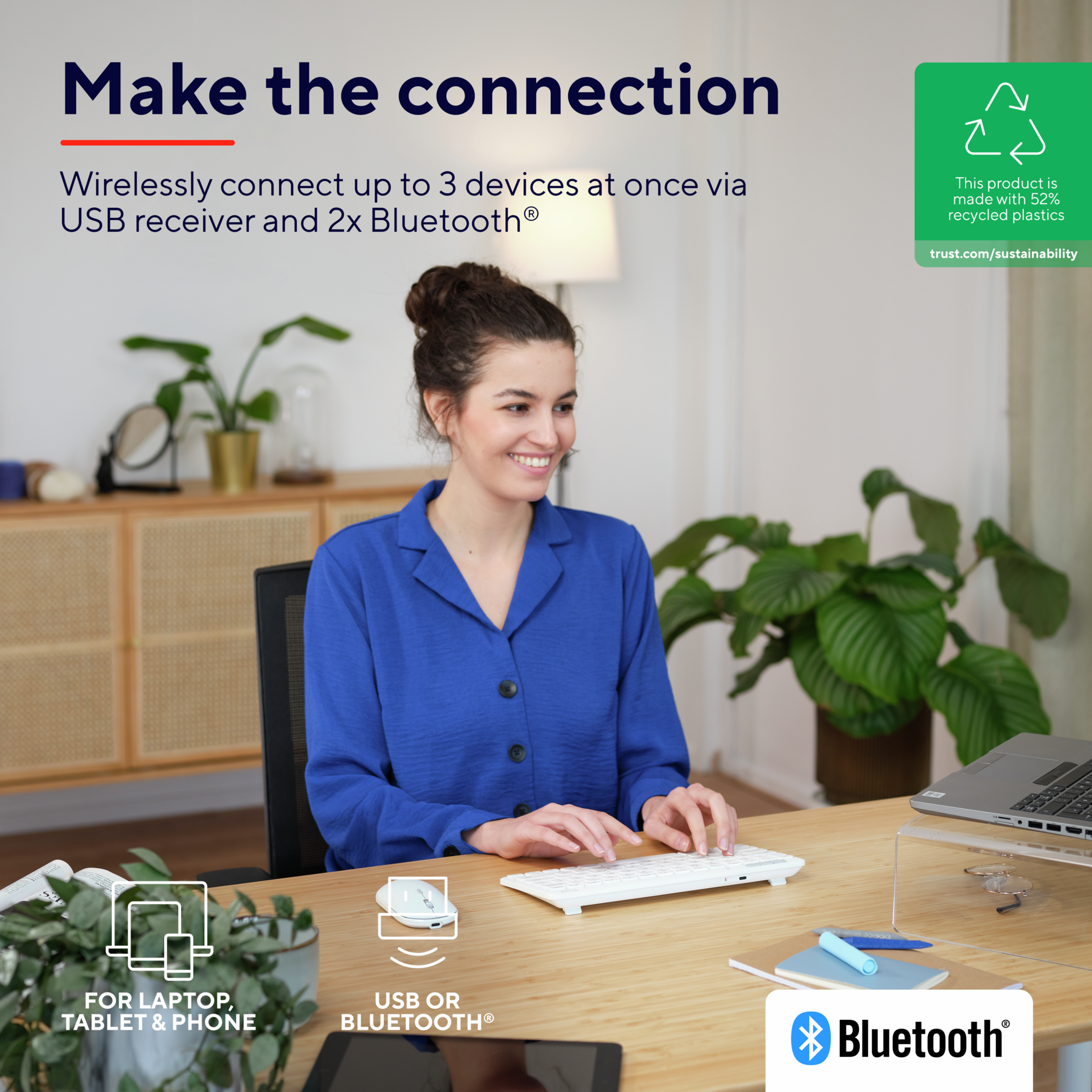 Kobieta używa klawiatury i myszy. Rośliny i laptop w tle.