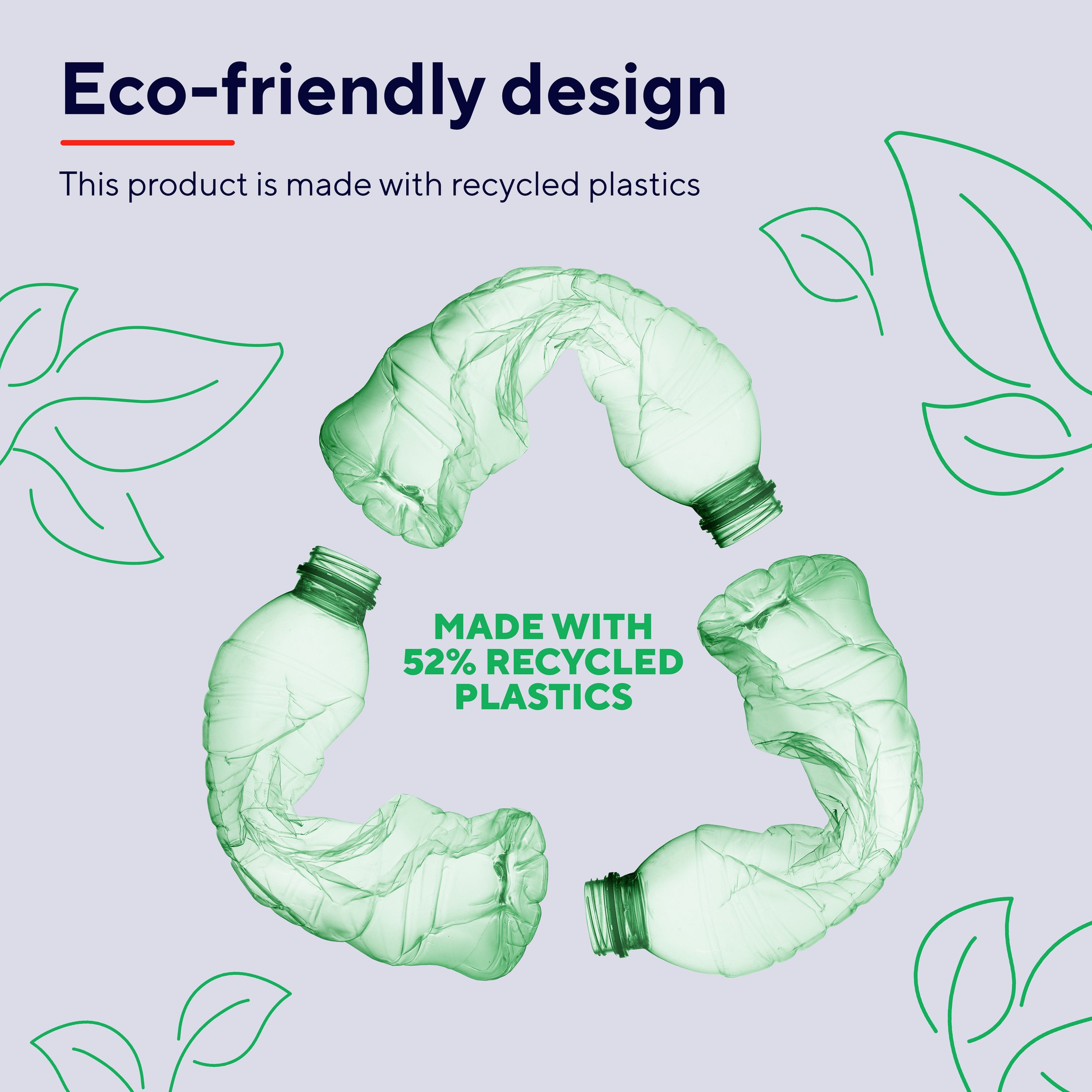 Trzy zielone plastikowe butelki w symbolu recyklingu z napisem "Wykonane w 52% z tworzyw sztucznych z recyklingu".