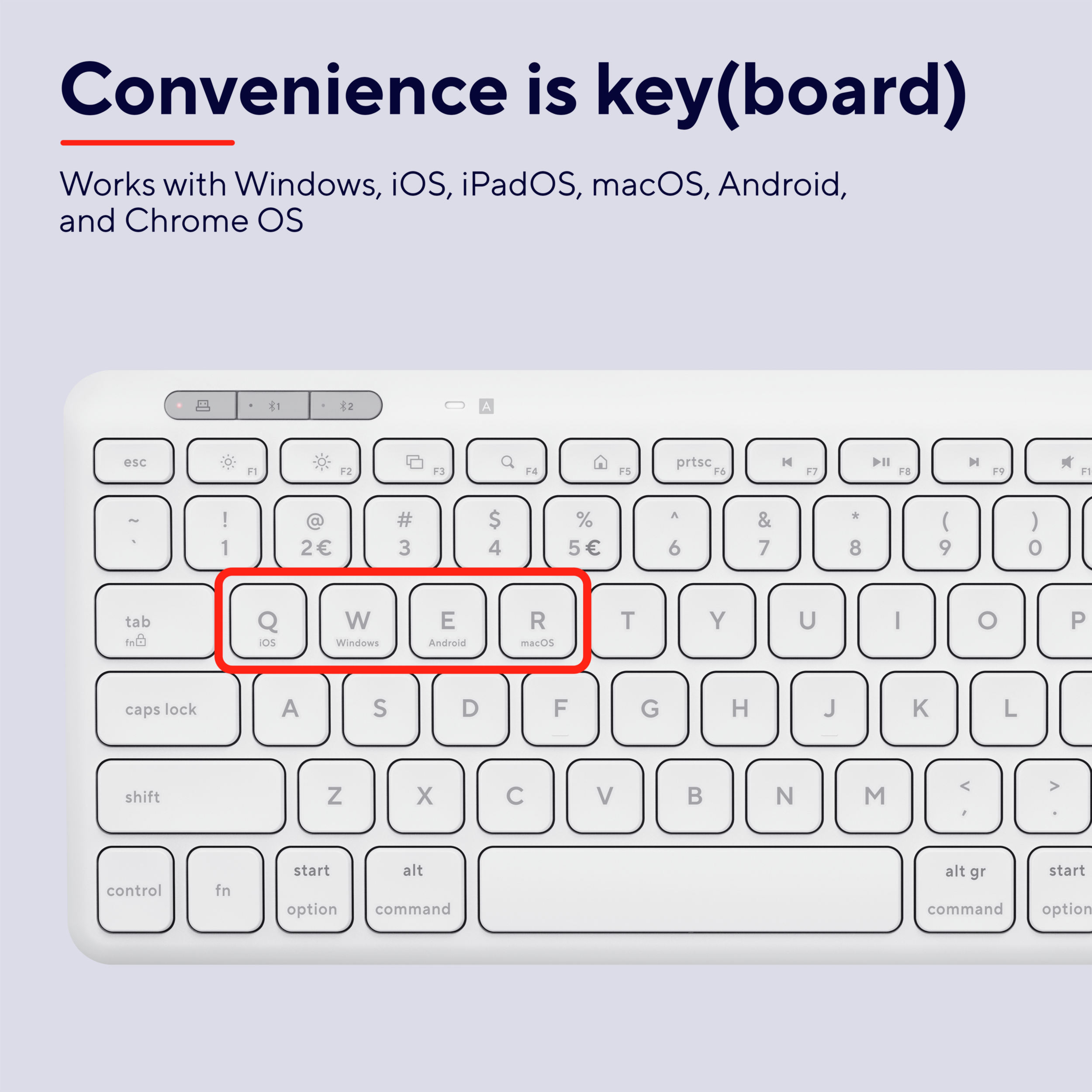 Biała klawiatura z podświetlonym klawiszem 'W' i tekstem o kompatybilności.