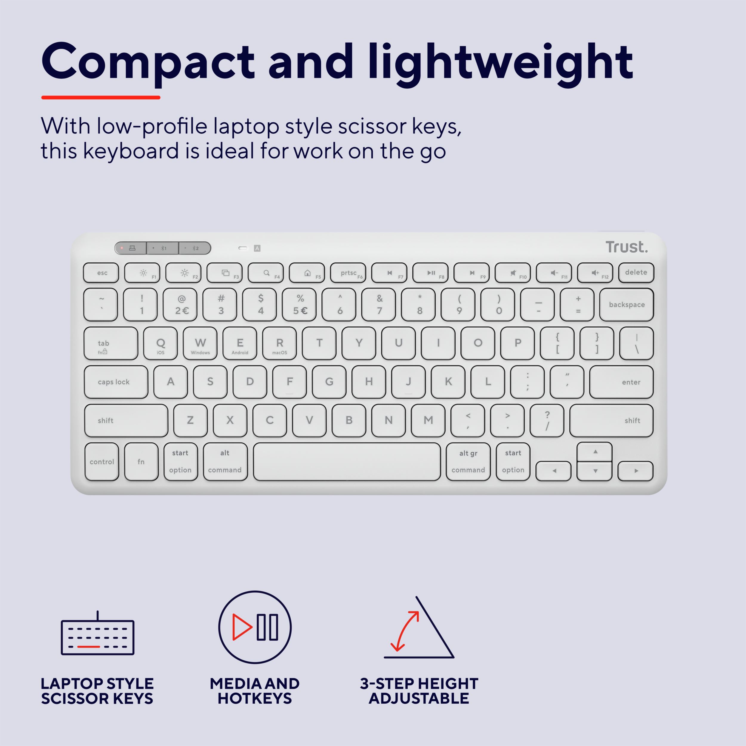 Biała klawiatura z klawiszami nożycowymi w stylu laptopa, z ikonami różnych funkcji, na białym tle.
