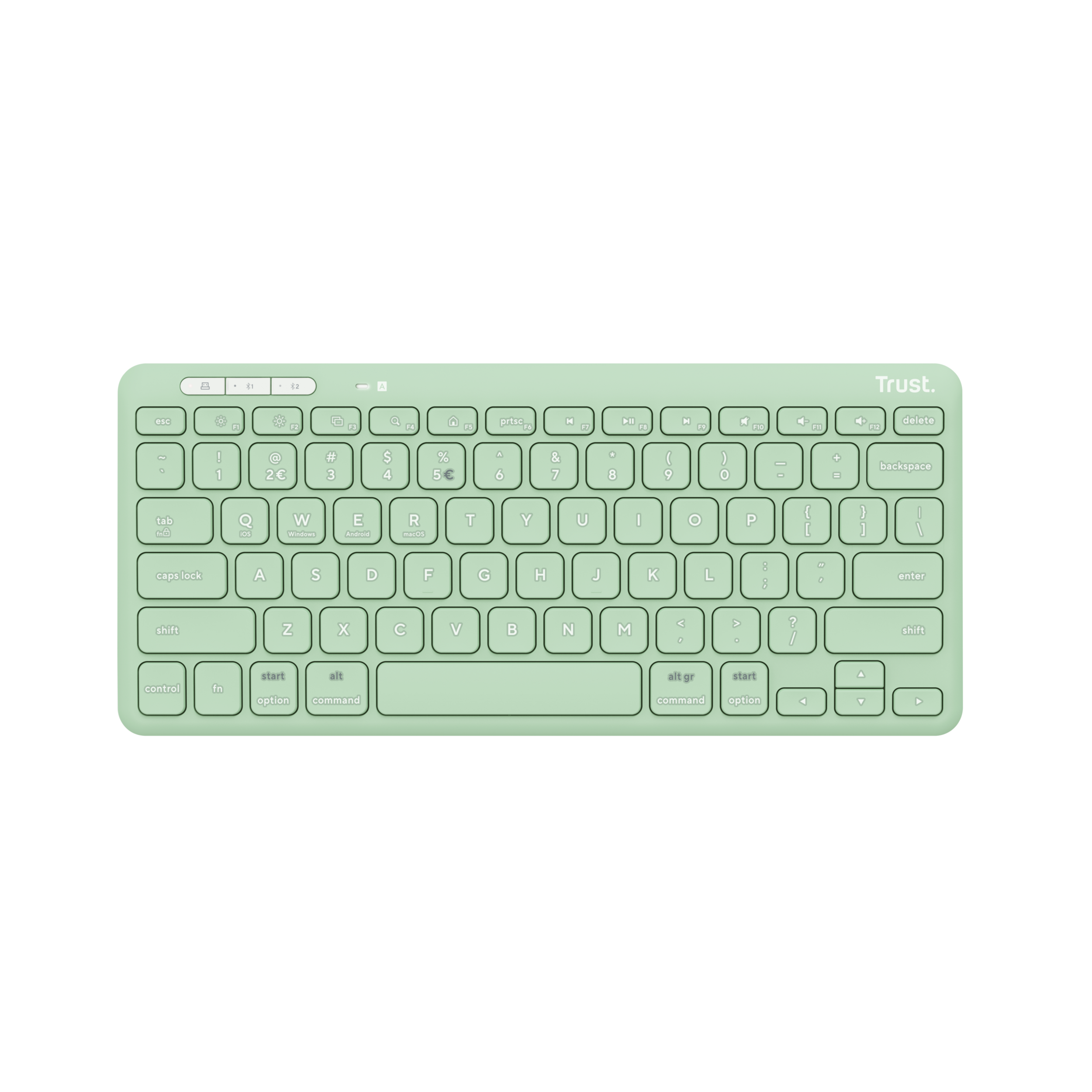 Miętowa klawiatura z białymi klawiszami i czarną obwódką. Ma kompaktowy układ z różnymi klawiszami.