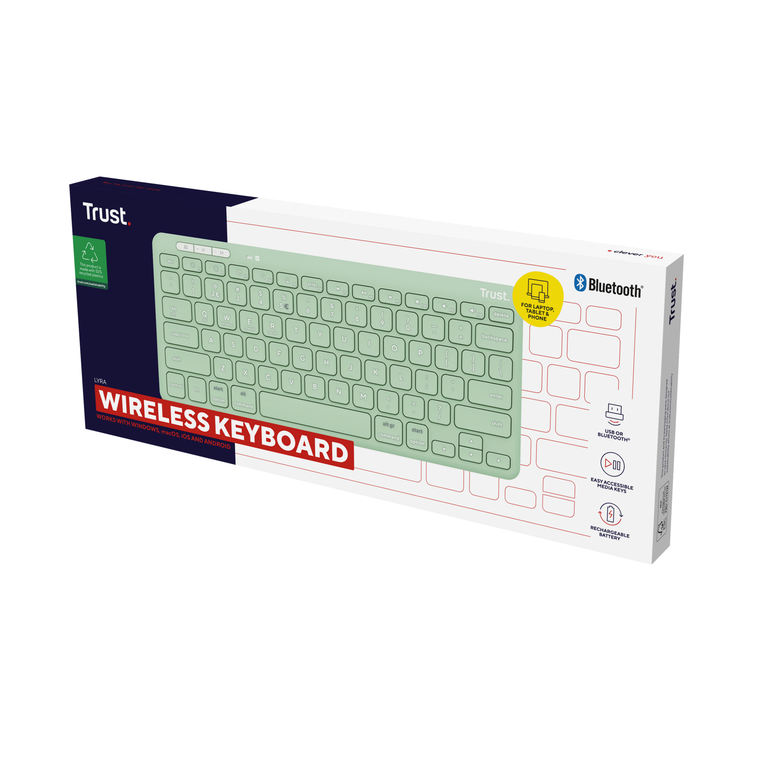 Zielona klawiatura bezprzewodowa w opakowaniu, z wyświetlonymi szczegółami produktu.