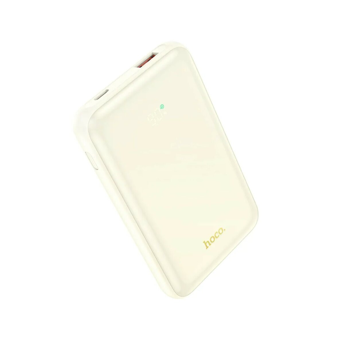 Weiße Powerbank. Das Wort 'hoco.' ist in Gold geschrieben. Der Prozentsatz wird angezeigt.