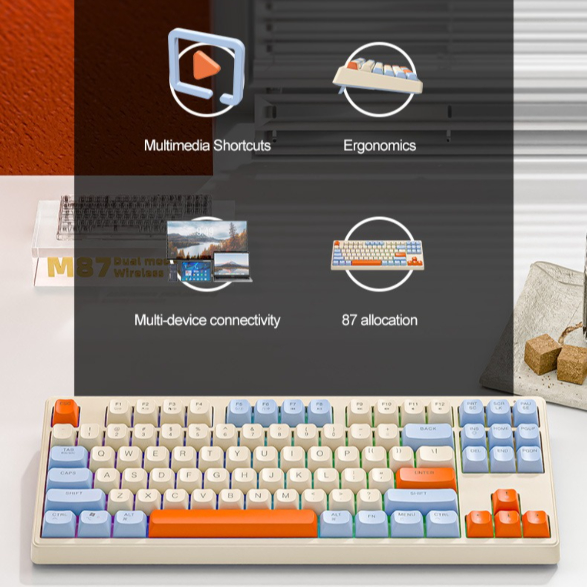 Tastatur mit Multimedia-Tasten, Ergonomie, Multi-Geräte-Konnektivität, 87 Tasten.