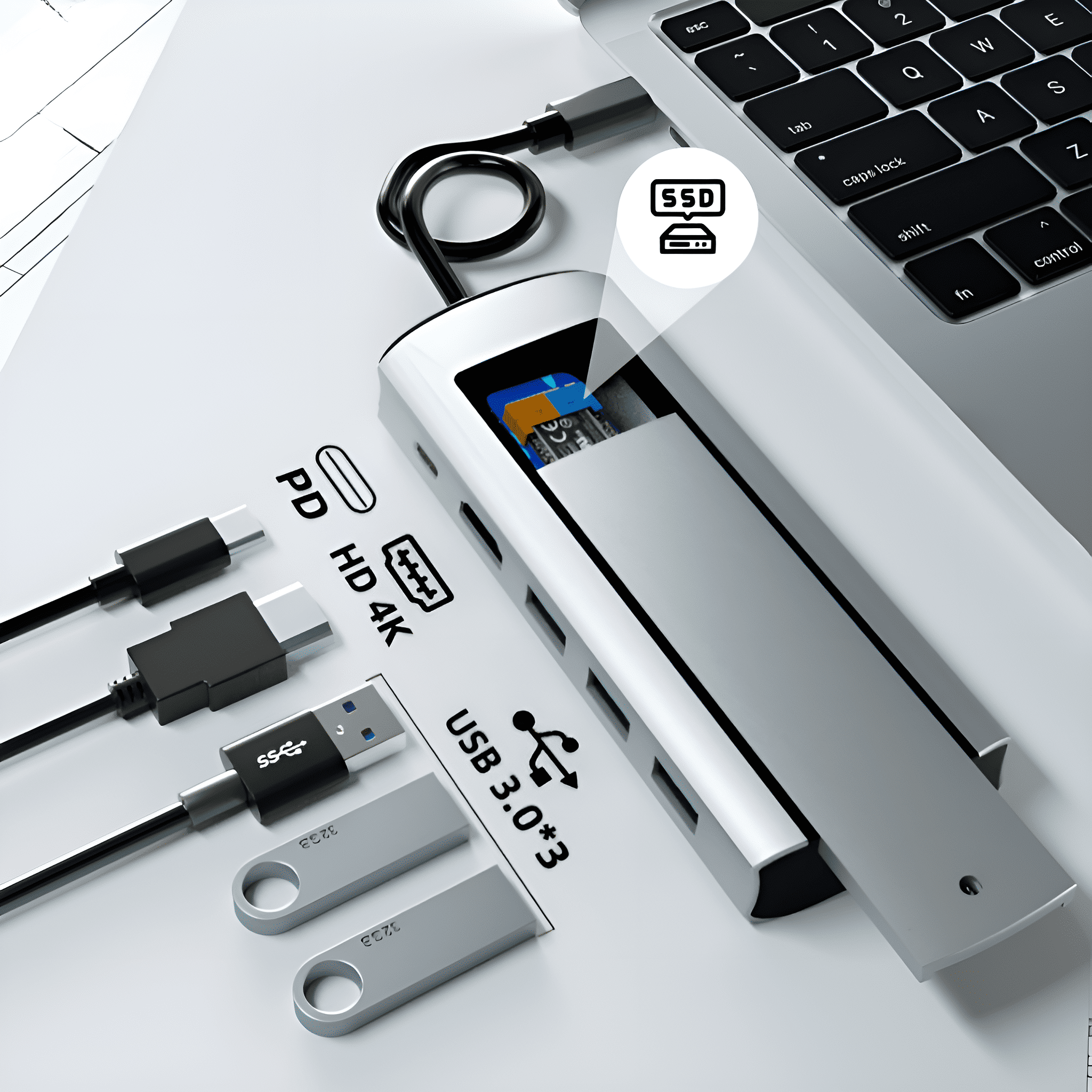 Ein Hub mit Anschlüssen, ein Laptop und verschiedene USB-Geräte. Für Konnektivität.