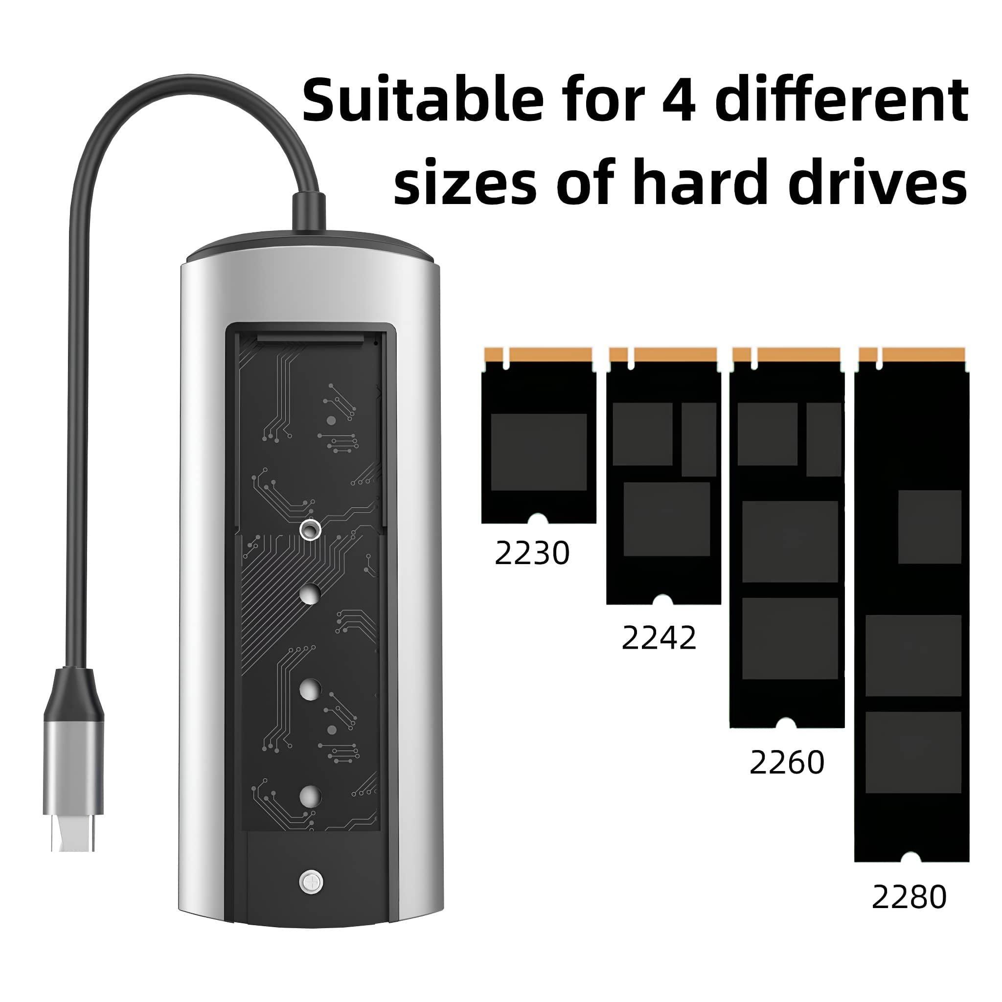 Ein silbernes Festplattengehäuse mit USB-Kabel, daneben verschiedene Festplattengrößen.