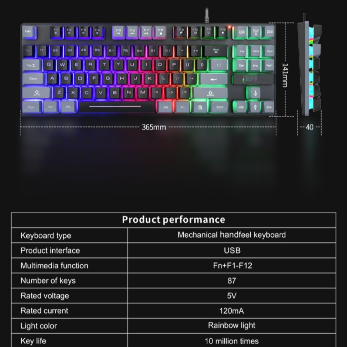Schwarze mechanische Tastatur mit LED-Lichtern. Produkttabelle: USB, 87 Tasten, Regenbogenlicht.