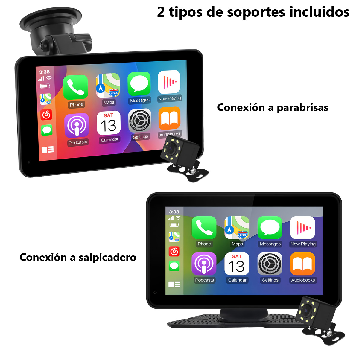 Dos configuraciones de tablero de coche con pantallas, una montada en el parabrisas y otra en el salpicadero.