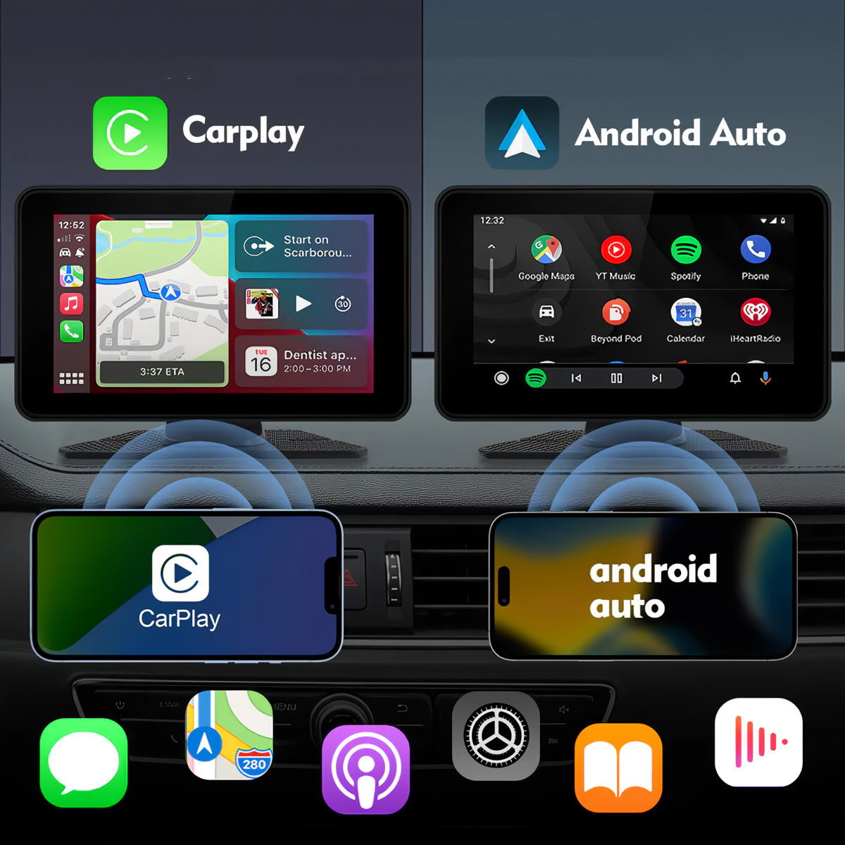 Dos pantallas de teléfono que muestran las interfaces CarPlay y Android Auto, con sus logotipos arriba.