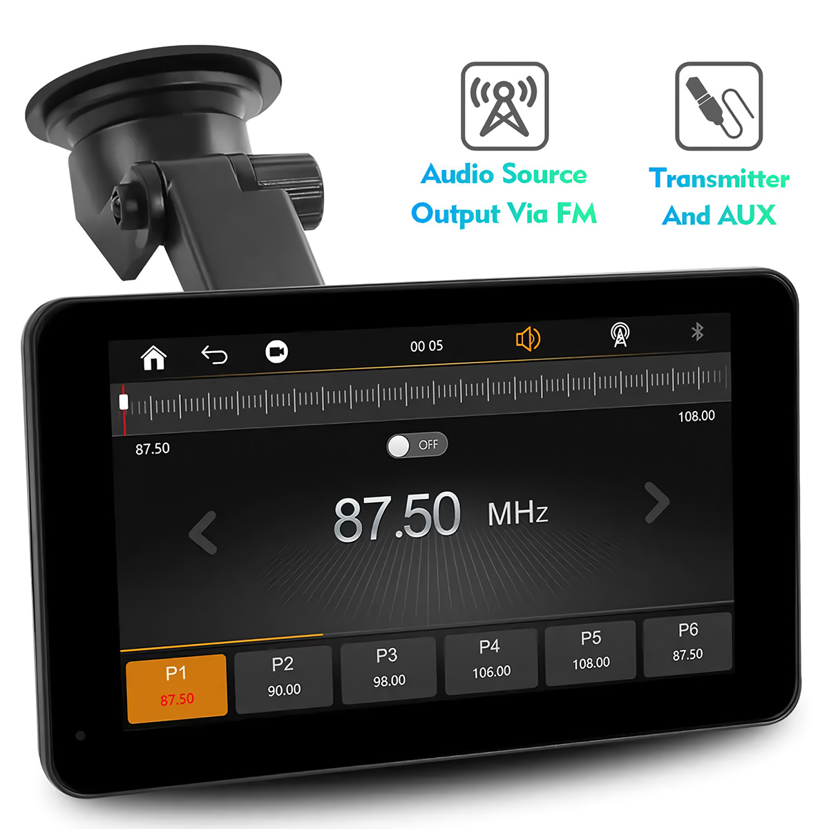 Radio de coche negro con pantalla y botones. Muestra la frecuencia de radio y los iconos de control. Fondo blanco.