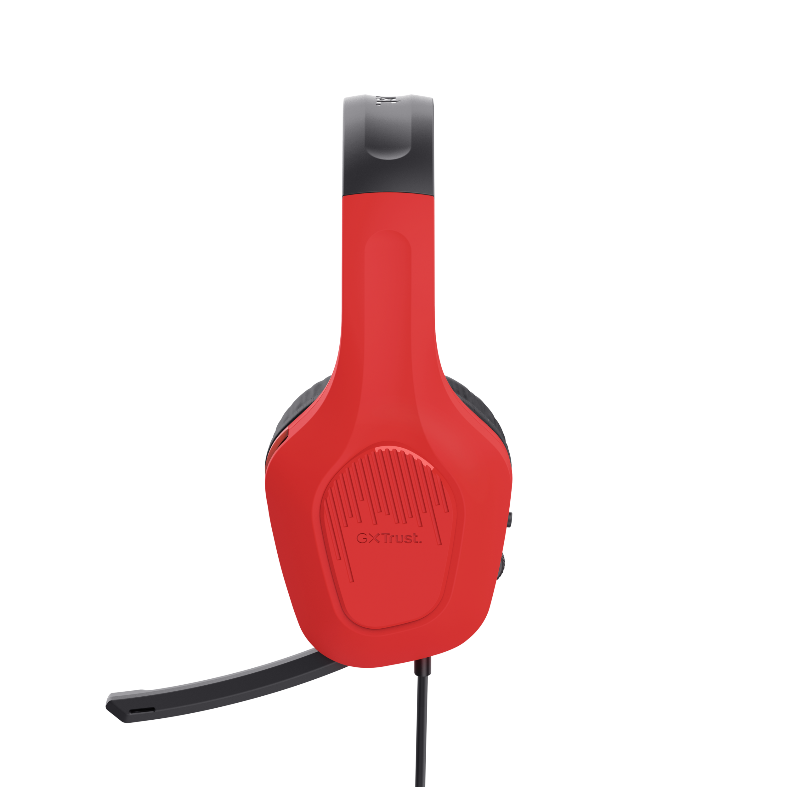Czerwony zestaw słuchawkowy z mikrofonem na czarnym tle.