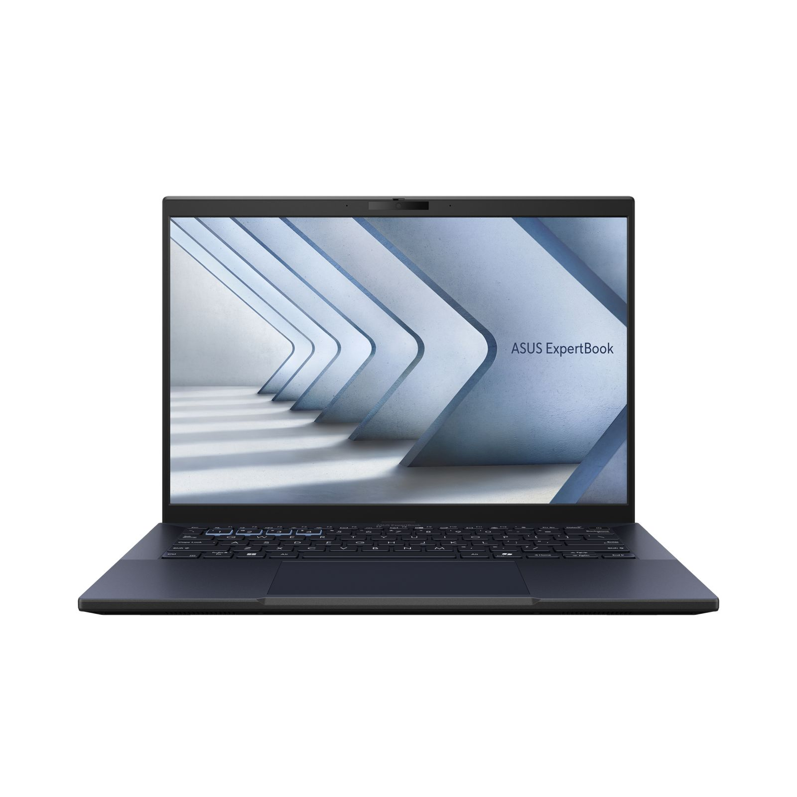 Ciemnoniebieski laptop z otwartym ekranem, pokazujący obraz, z logo ASUS ExpertBook.