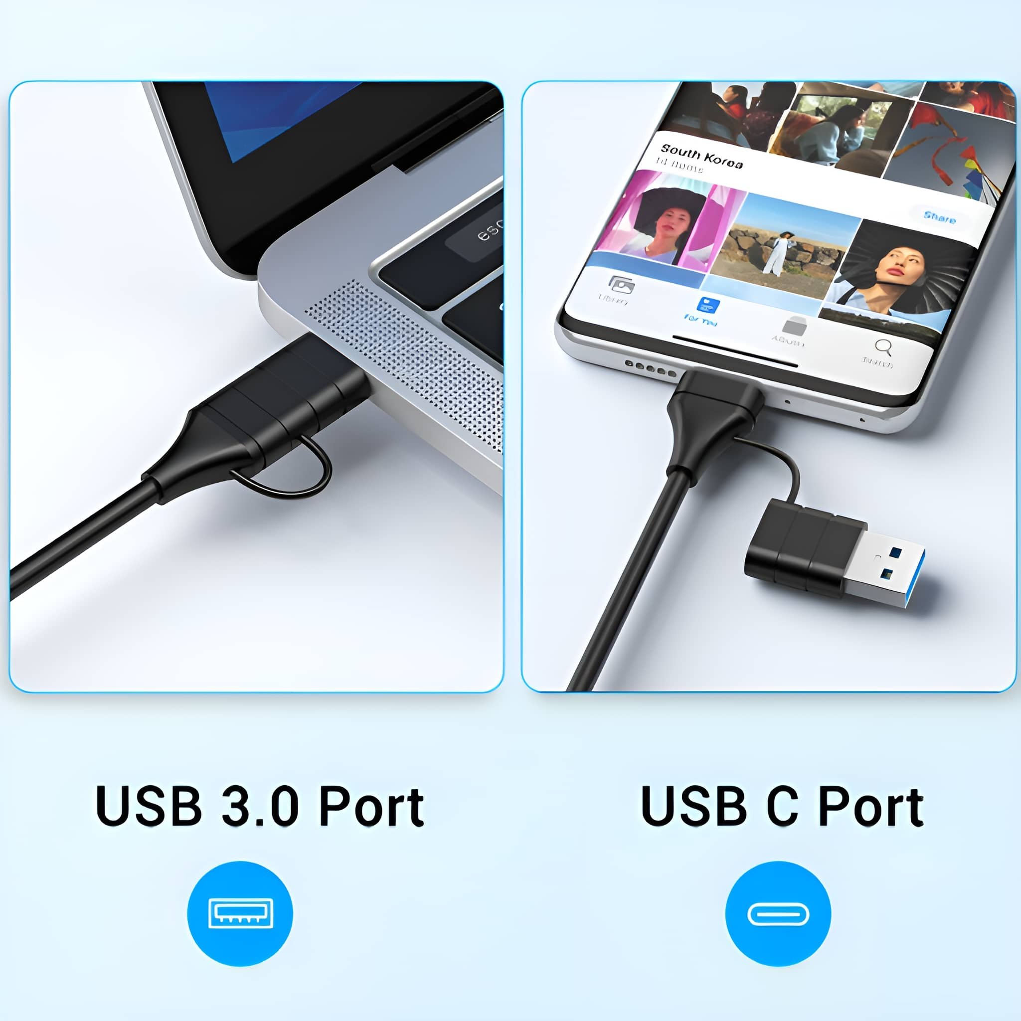 USB 3.0- und USB-C-Anschlüsse an Laptop und Telefon. Kabelverbindungen mit Beschriftungen für jeden Anschluss.