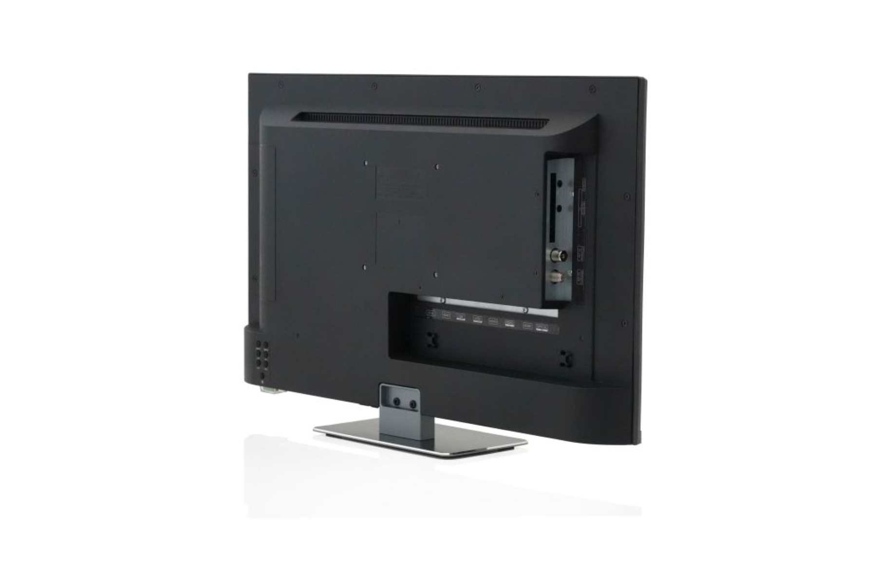Schwarzer Fernseher von hinten, Anschlüsse zeigend, auf weißem Hintergrund.