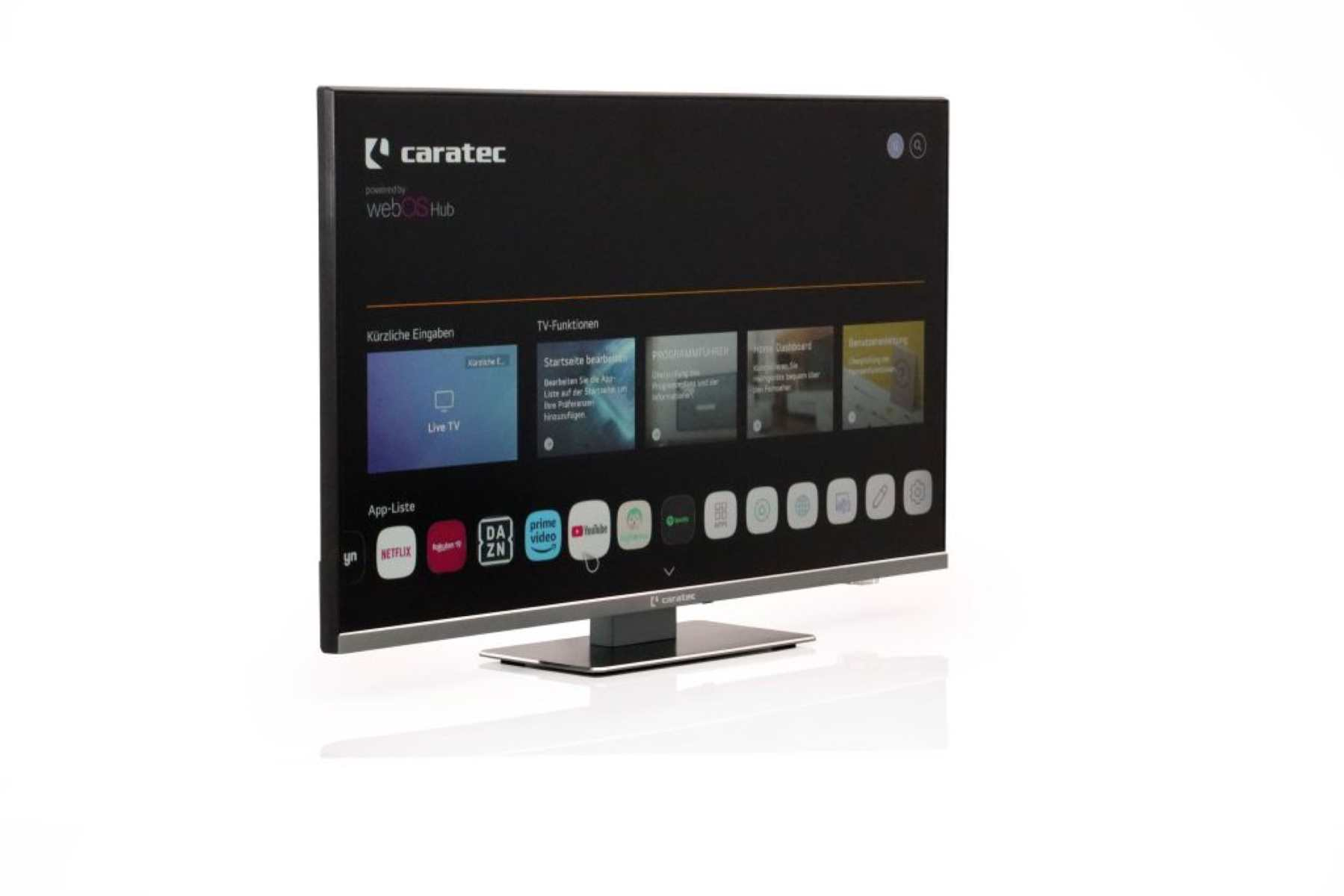 Flachbildfernseher, Marke Caratec. Benutzeroberfläche mit App-Symbolen, Bildschirm ist eingeschaltet, mit weißem Hintergrund.