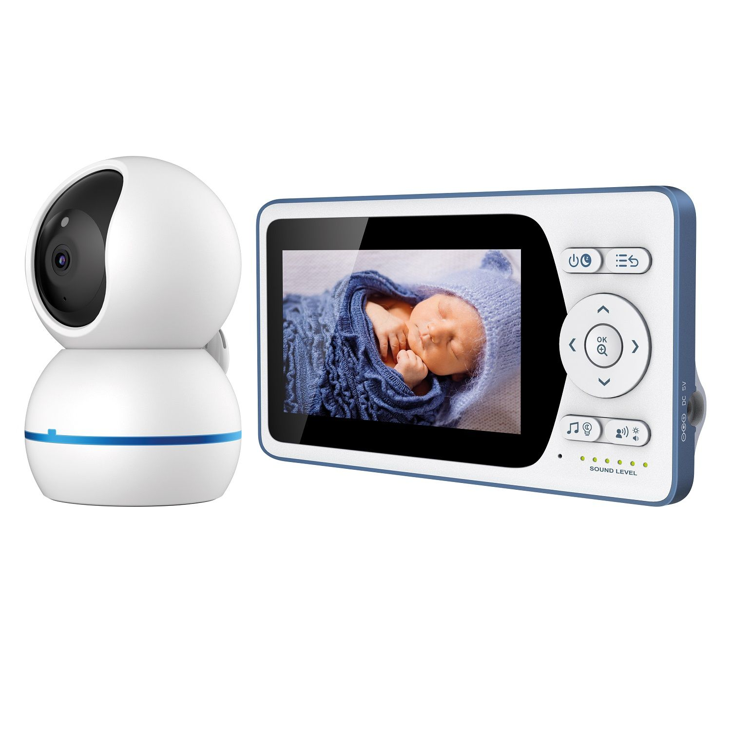 Un monitor para bebés con un bebé en la pantalla y una cámara.