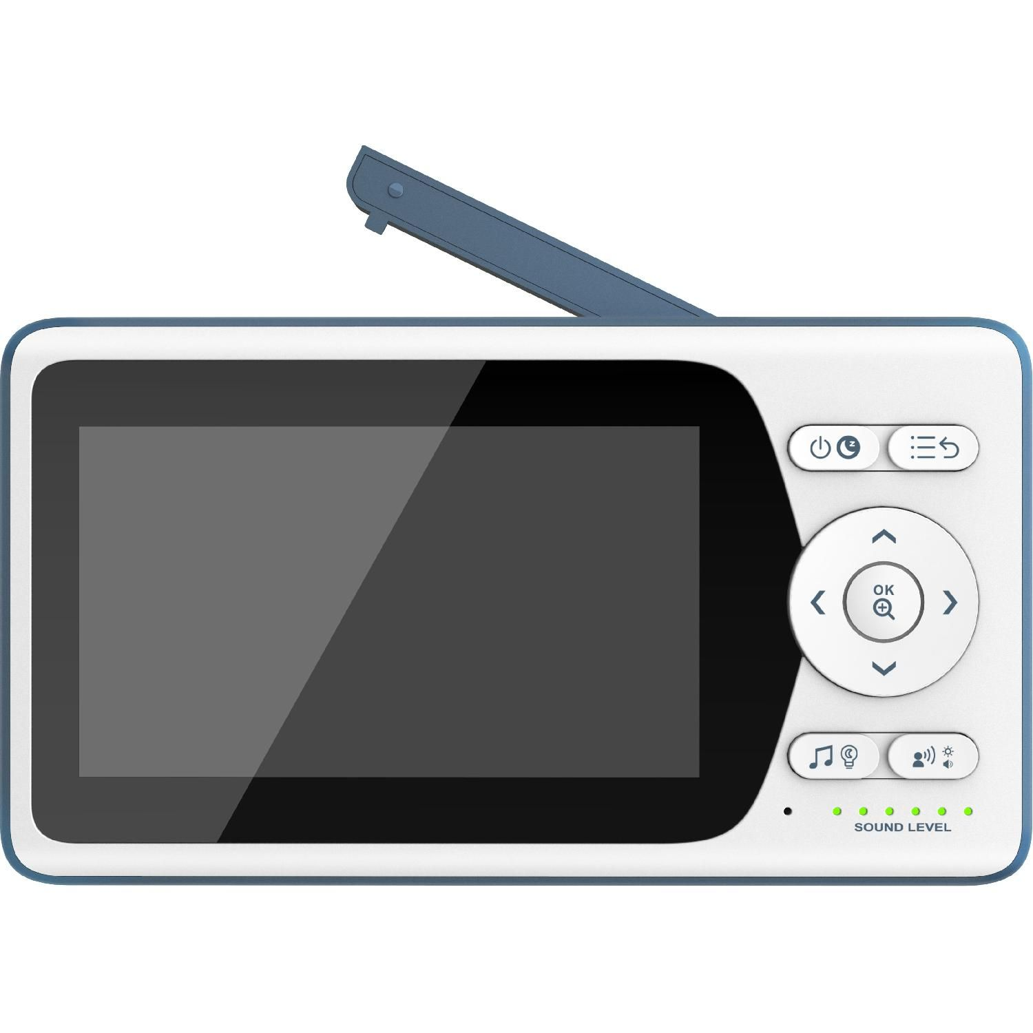 Pantalla de monitor para bebés. Se muestran botones e iconos en la pantalla, con un marco azul alrededor.
