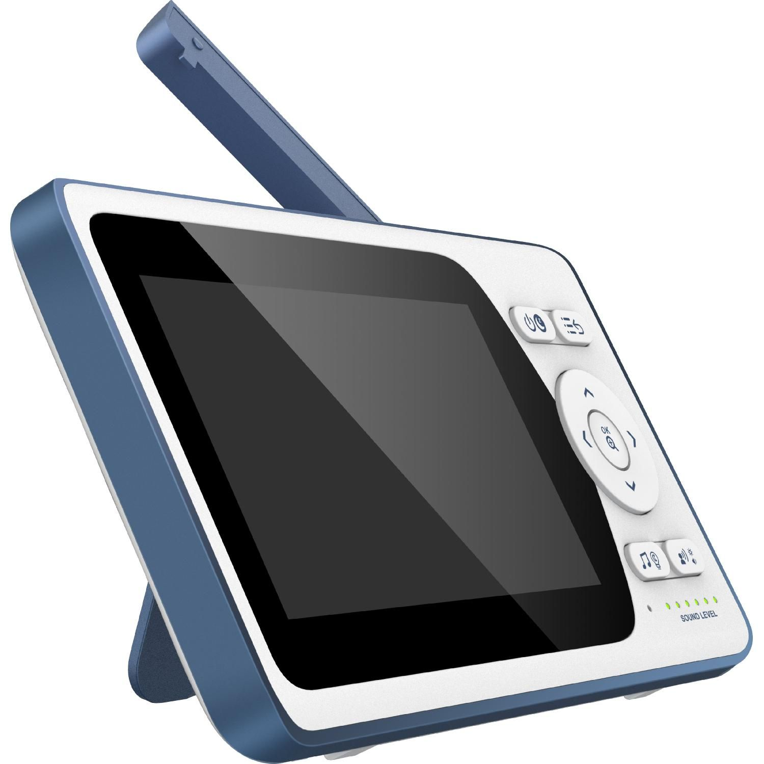 Dispositivo de monitor de bebé blanco y azul con pantalla.